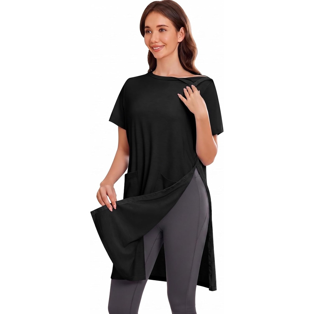 imageDeyeek Womens Post Shoulder Surgery Hospital Gowns Tear Away Short Sleeve Full Open Side Snap Adaptive Clothing NightgownsBlack