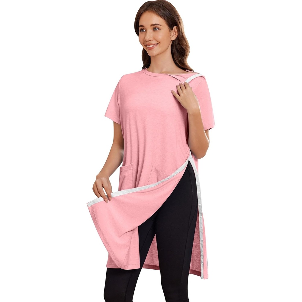 imageDeyeek Womens Post Shoulder Surgery Hospital Gowns Tear Away Short Sleeve Full Open Side Snap Adaptive Clothing NightgownsDeep Pink