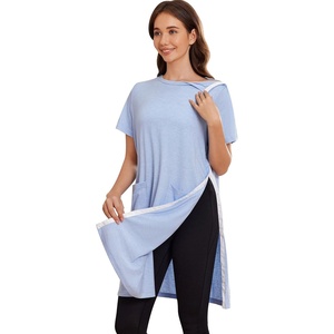 Deyeek Women’s Post Shoulder Surgery Hospital Gowns Tear Away Short Sleeve Full Open Side Snap Adaptive Clothing Nightgowns(Blue)