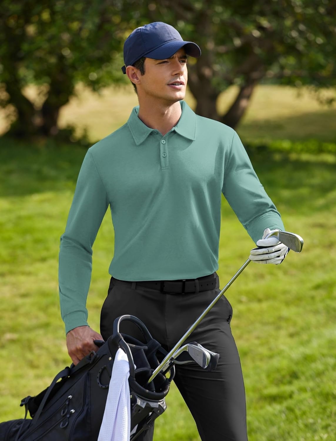 image:imageDeyeek Mens Polo Shirts Long Sleeve Golf Polo Shirts for Men Quick Dry UPF 50 Sun Protection Polos Casual Collared ShirtsEmerald Green