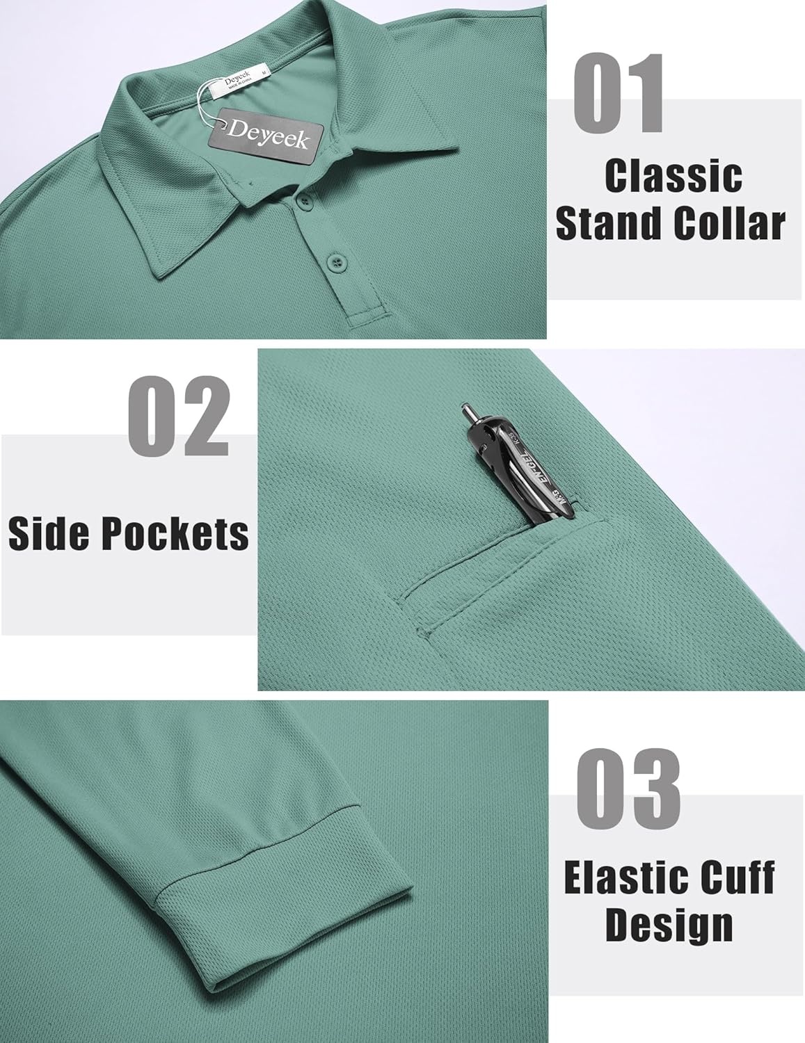 image:imageDeyeek Mens Polo Shirts Long Sleeve Golf Polo Shirts for Men Quick Dry UPF 50 Sun Protection Polos Casual Collared ShirtsEmerald Green