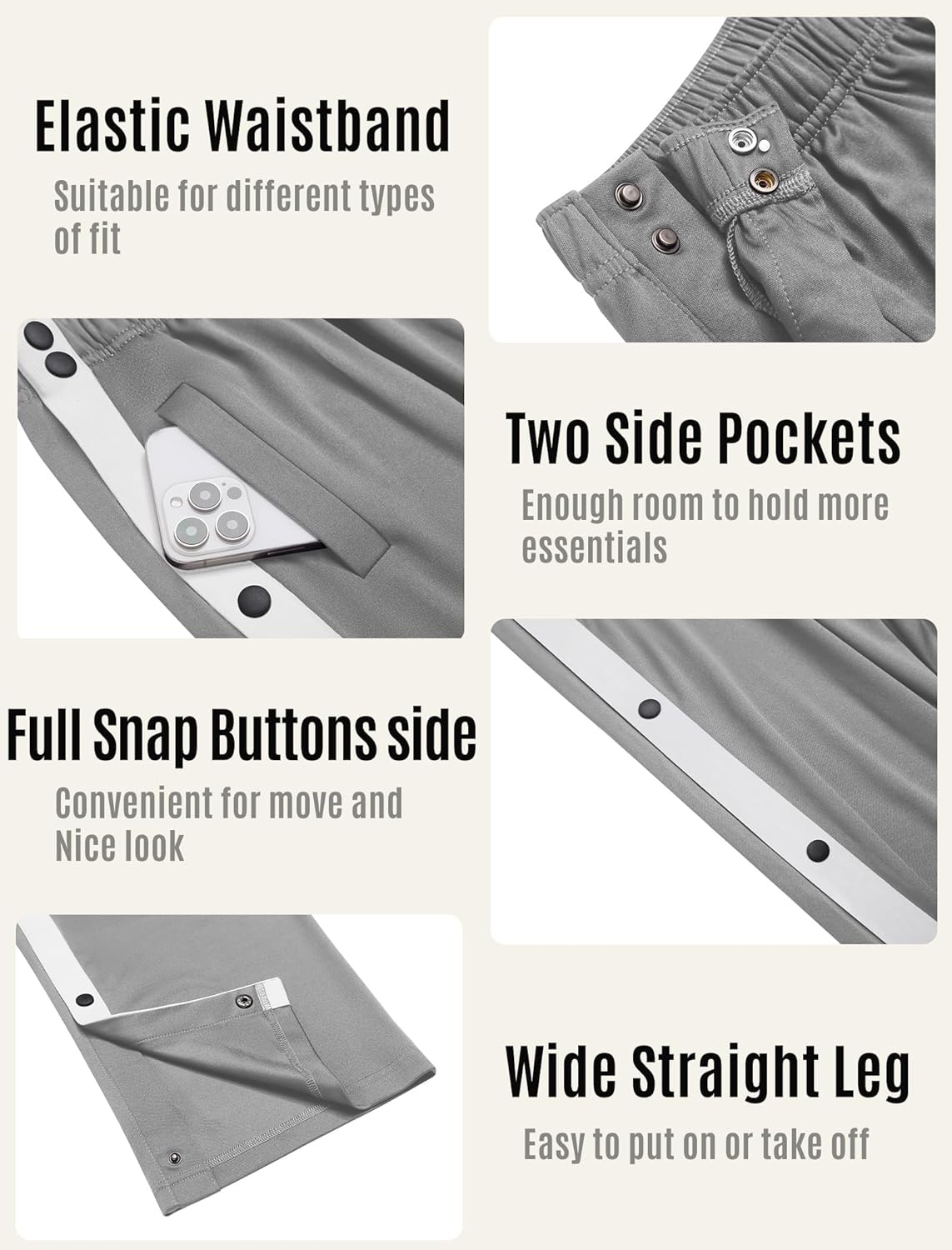 image:imageDeyeek Womens Tear Away Pants Side Split Snap Open Bottom Sweatpants Leg Breakaway Post Surgery Pants with Pockets Light Grey