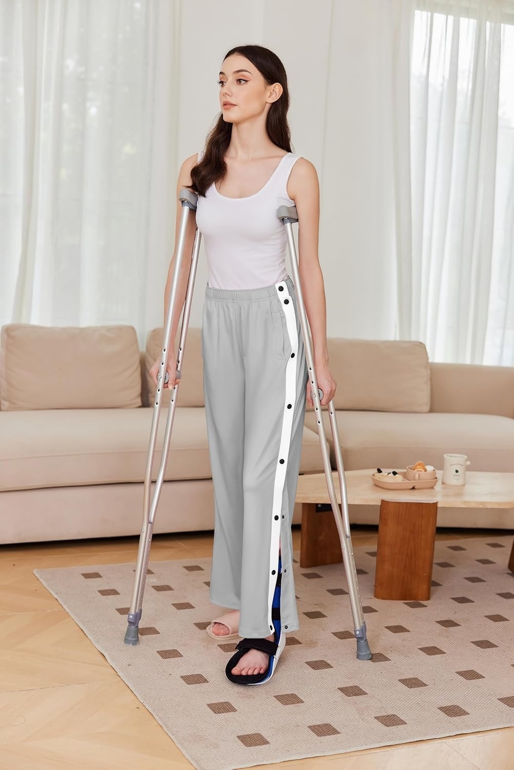 image:imageDeyeek Womens Tear Away Pants Side Split Snap Open Bottom Sweatpants Leg Breakaway Post Surgery Pants with Pockets Light Grey