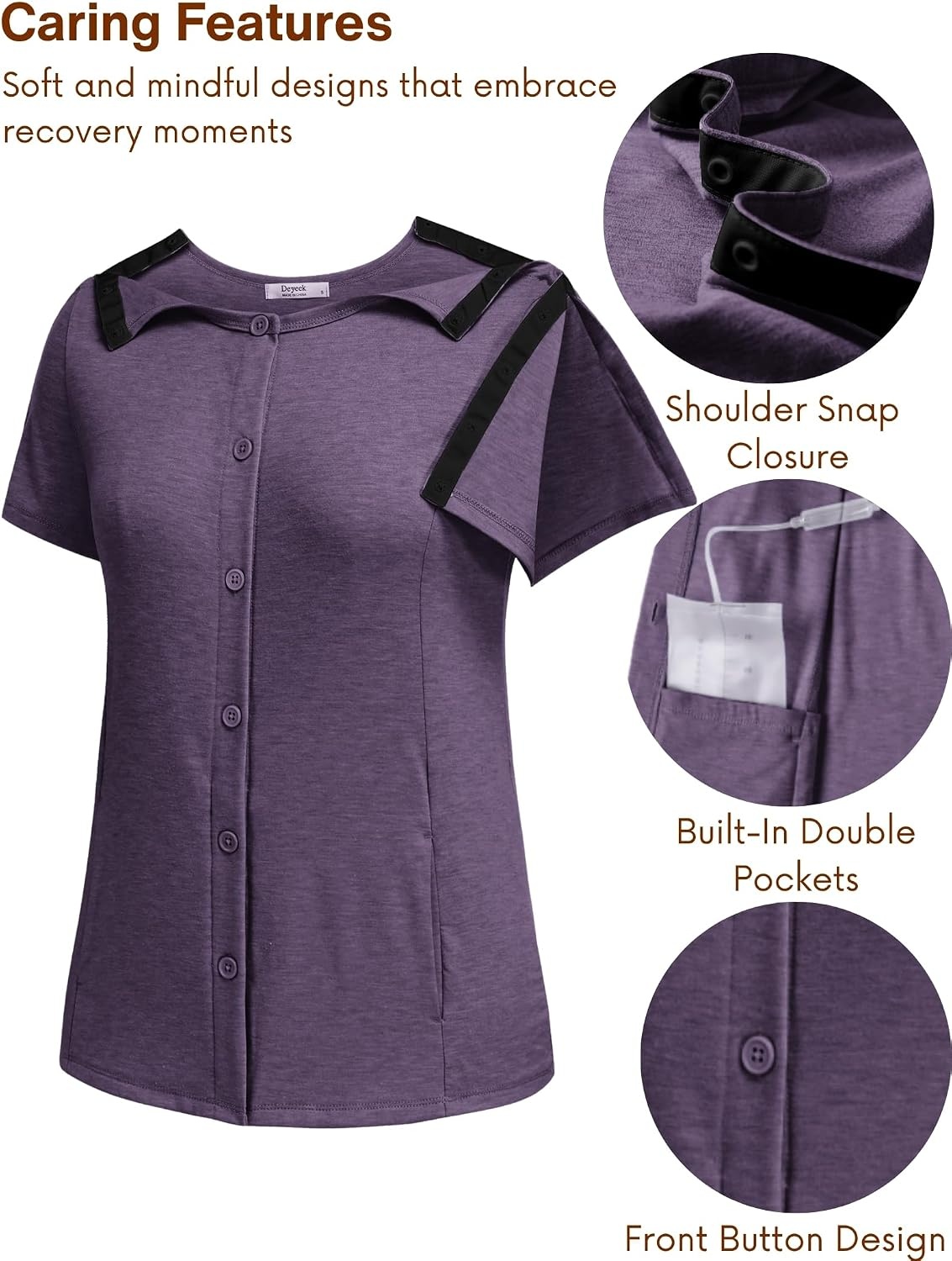 image:imageDeyeek Mastectomy Shirts with Drain Pockets Tear Away Side Shoulder Surgery Tops for Women Chemo Shirts for Port AccessDark Purple