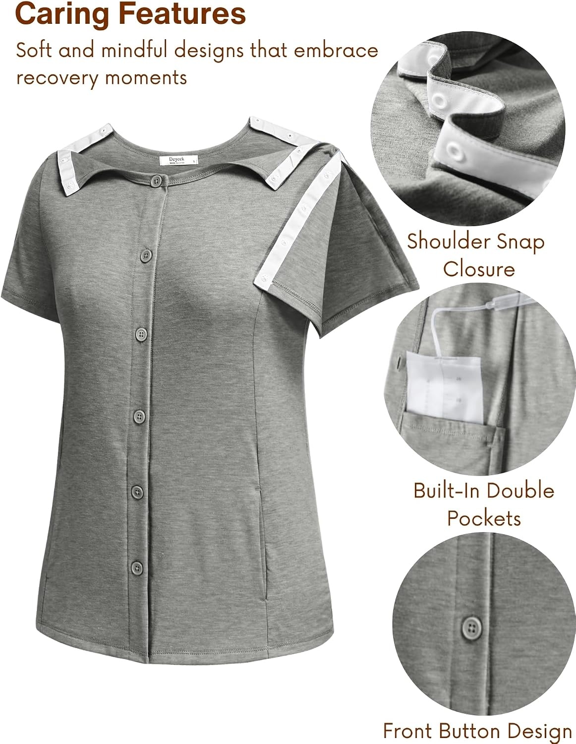 image:imageDeyeek Mastectomy Shirts with Drain Pockets Tear Away Side Shoulder Surgery Tops for Women Chemo Shirts for Port AccessGrey