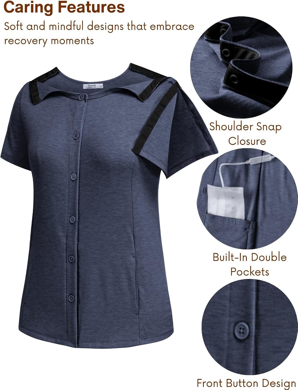 image:imageDeyeek Mastectomy Shirts with Drain Pockets Tear Away Side Shoulder Surgery Tops for Women Chemo Shirts for Port AccessMidnight Blue