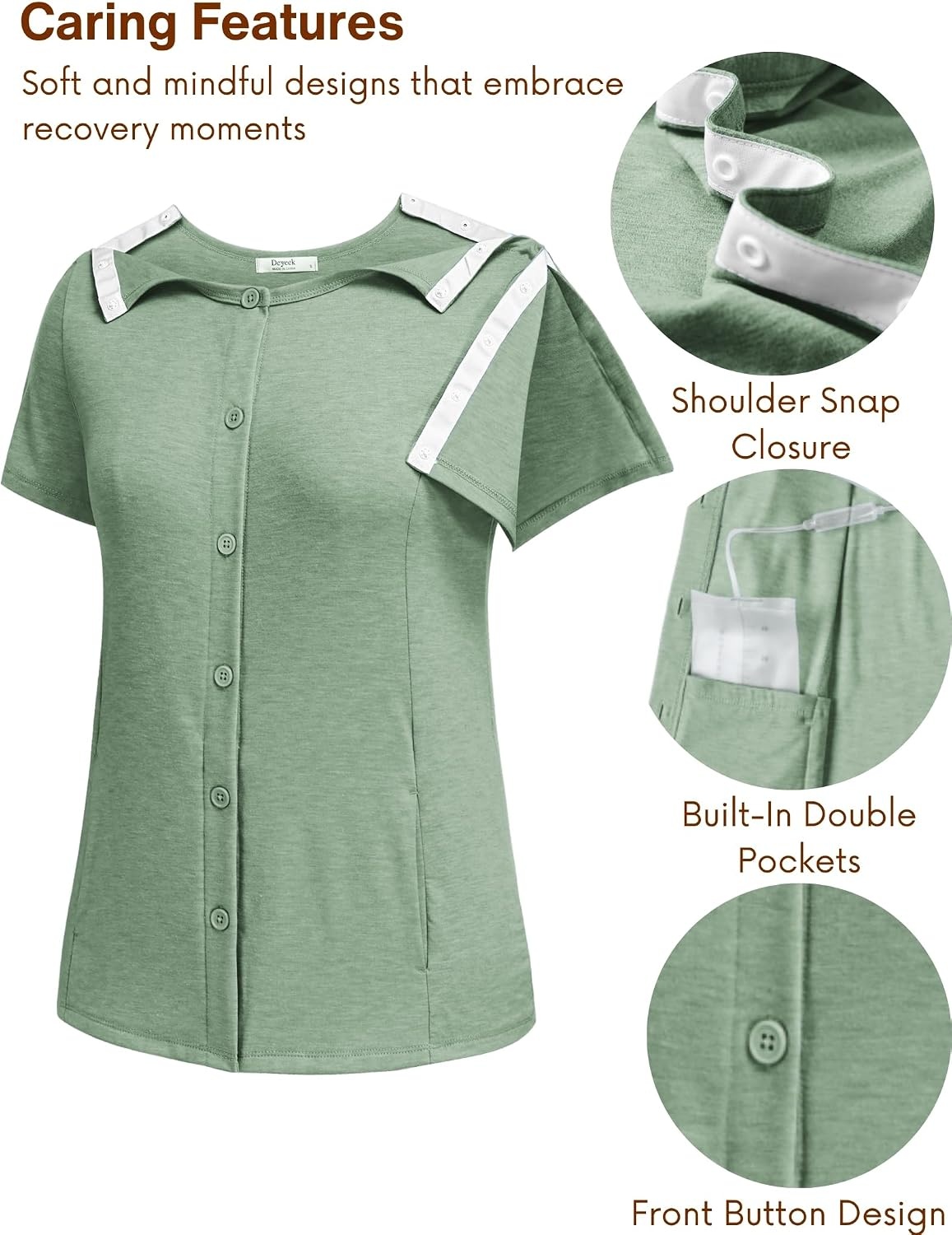 image:imageDeyeek Mastectomy Shirts with Drain Pockets Tear Away Side Shoulder Surgery Tops for Women Chemo Shirts for Port AccessOlive Green