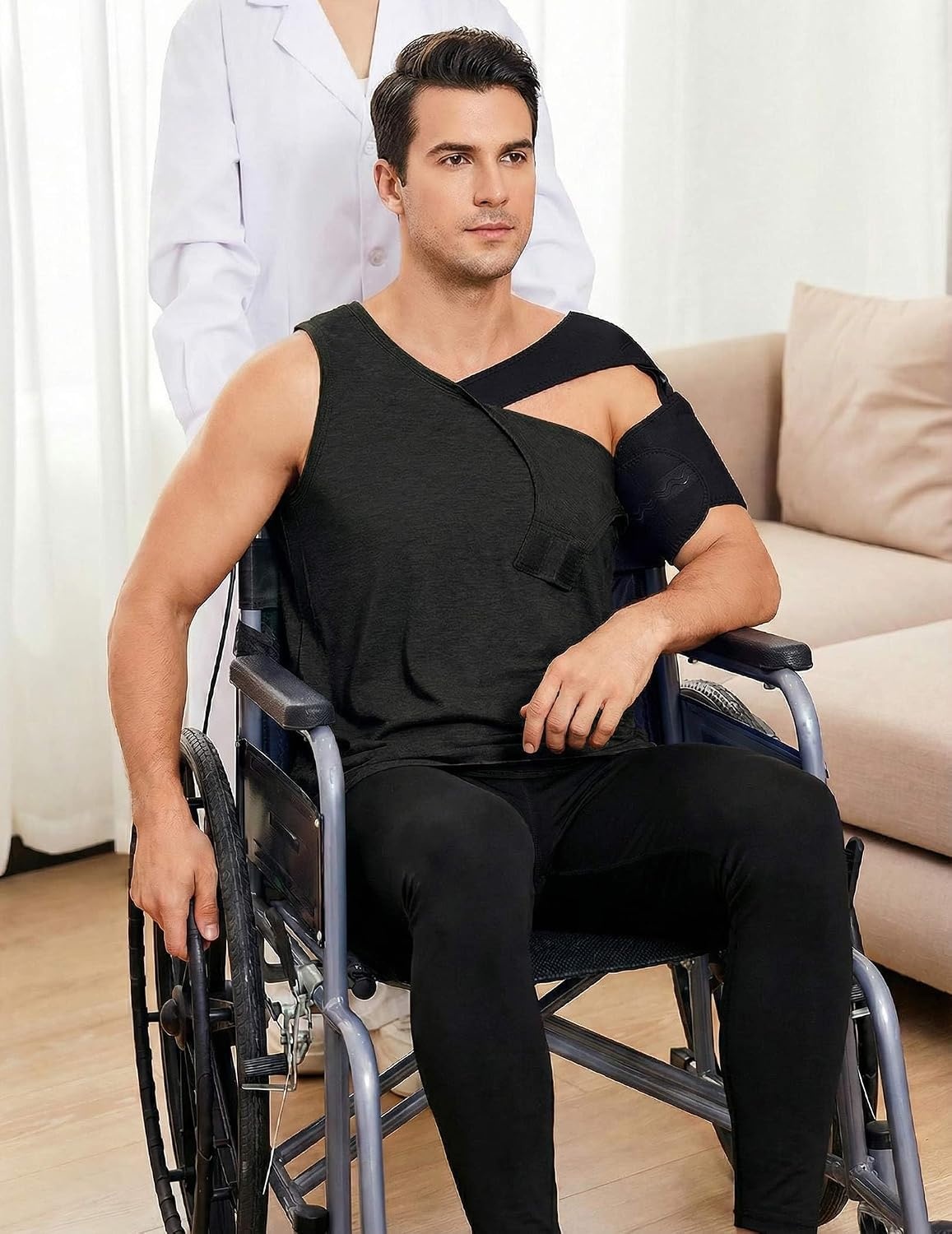 image:imageDeyeek Post Shoulder Surgery Shirts for Men Tear Away Rotator Cuff Recovery Tank Tops Chemo Port Cancer Shirt Magic TapesBlack