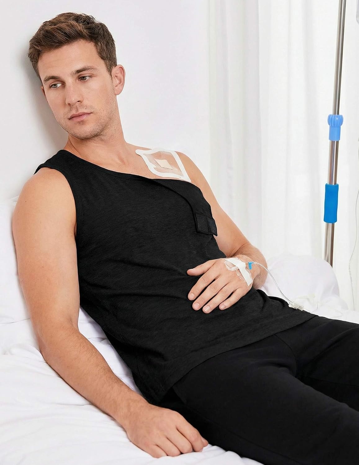 image:imageDeyeek Post Shoulder Surgery Shirts for Men Tear Away Rotator Cuff Recovery Tank Tops Chemo Port Cancer Shirt Magic TapesBlack