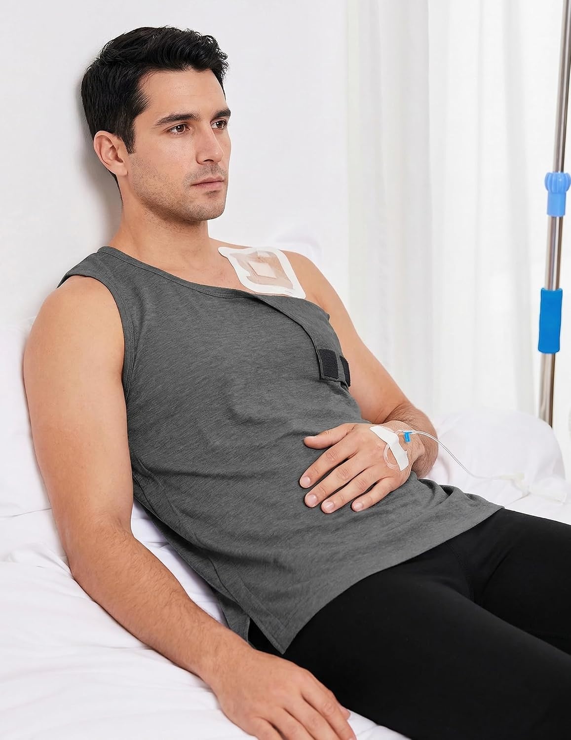 image:imageDeyeek Post Shoulder Surgery Shirts for Men Tear Away Rotator Cuff Recovery Tank Tops Chemo Port Cancer Shirt Magic TapesDark Grey