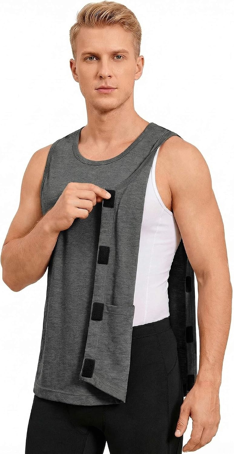image:imageDeyeek Post Shoulder Surgery Shirts for Men Tear Away Rotator Cuff Recovery Tank Tops Chemo Port Cancer Shirt Magic TapesDark Grey