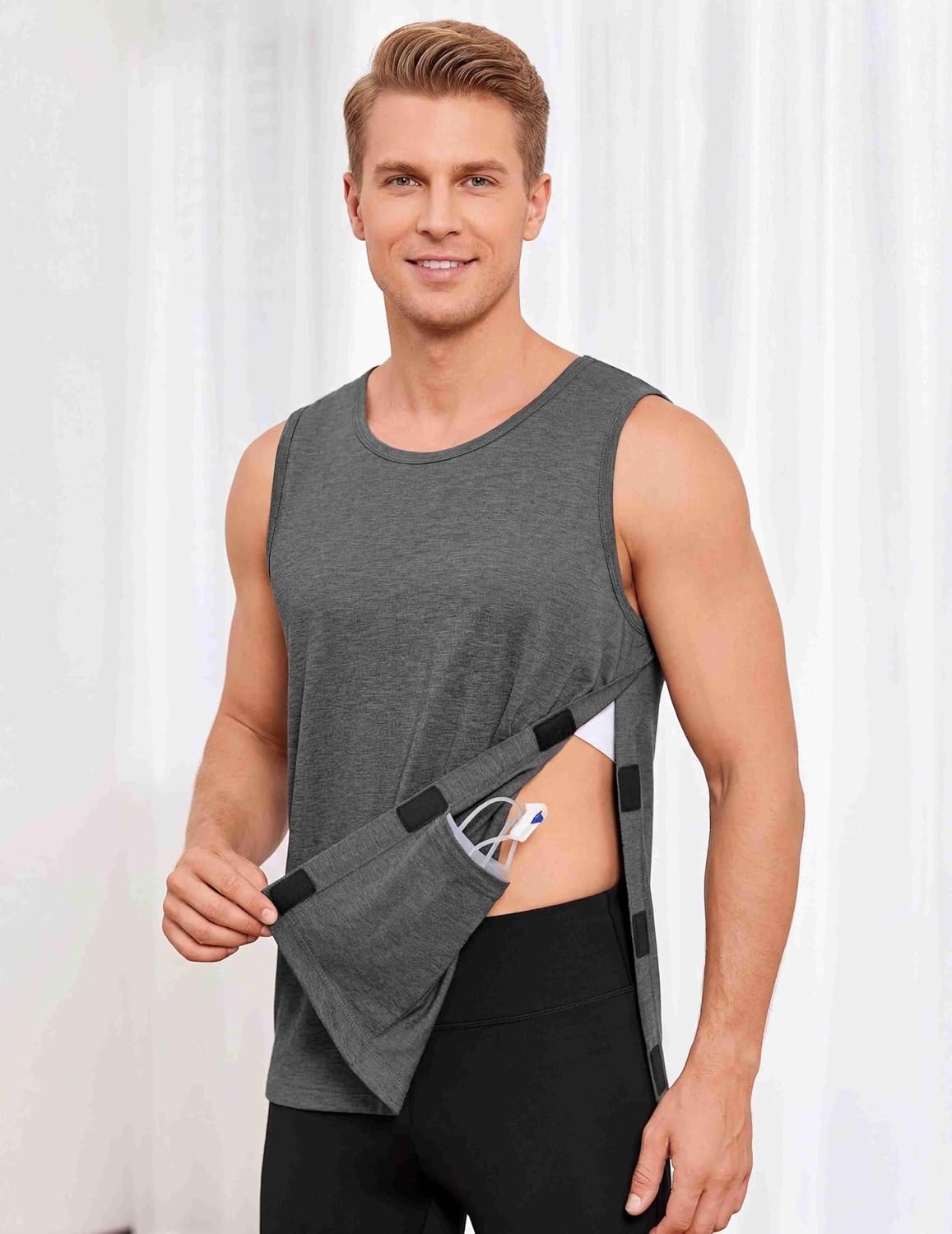 image:imageDeyeek Post Shoulder Surgery Shirts for Men Tear Away Rotator Cuff Recovery Tank Tops Chemo Port Cancer Shirt Magic TapesDark Grey