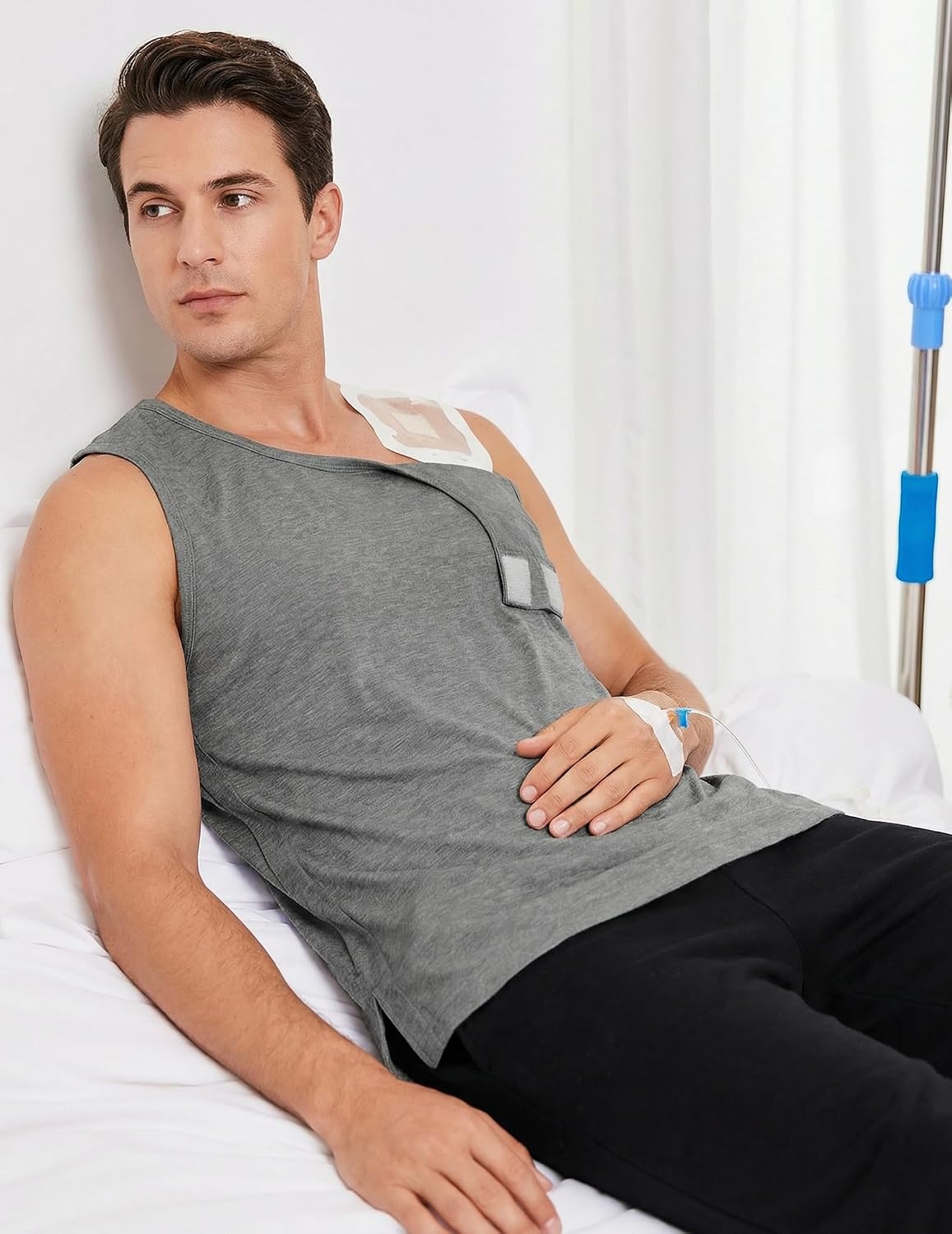 image:imageDeyeek Post Shoulder Surgery Shirts for Men Tear Away Rotator Cuff Recovery Tank Tops Chemo Port Cancer Shirt Magic TapesLight Grey