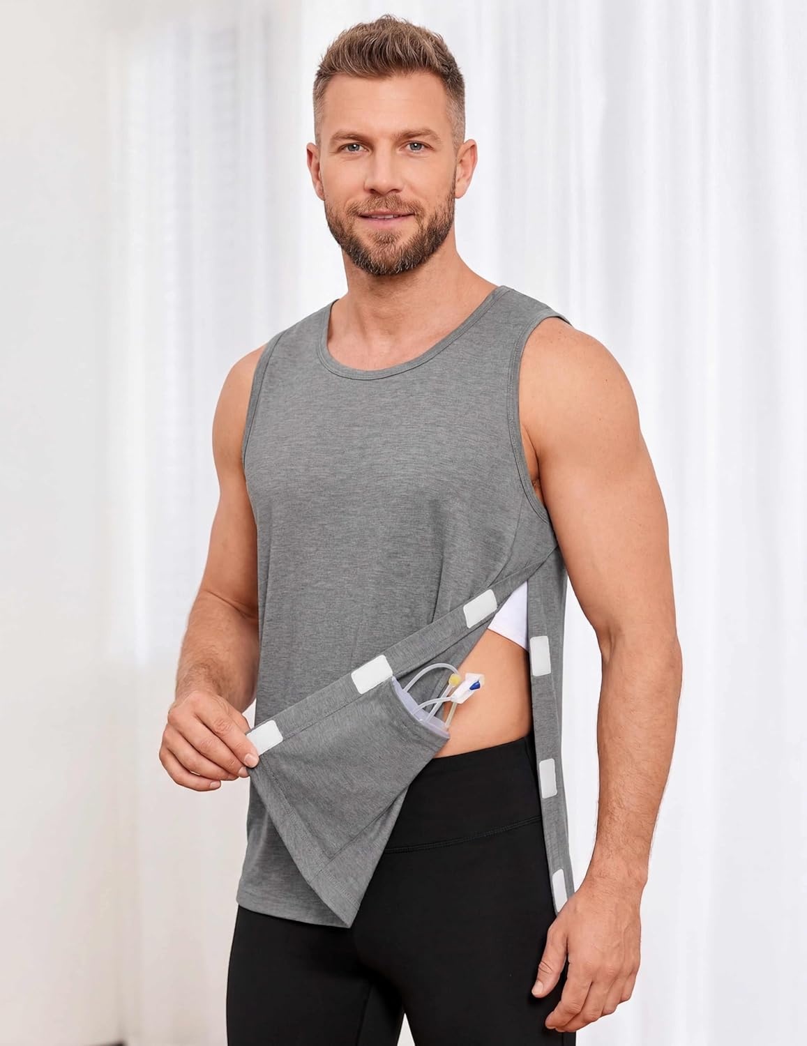 image:imageDeyeek Post Shoulder Surgery Shirts for Men Tear Away Rotator Cuff Recovery Tank Tops Chemo Port Cancer Shirt Magic TapesLight Grey