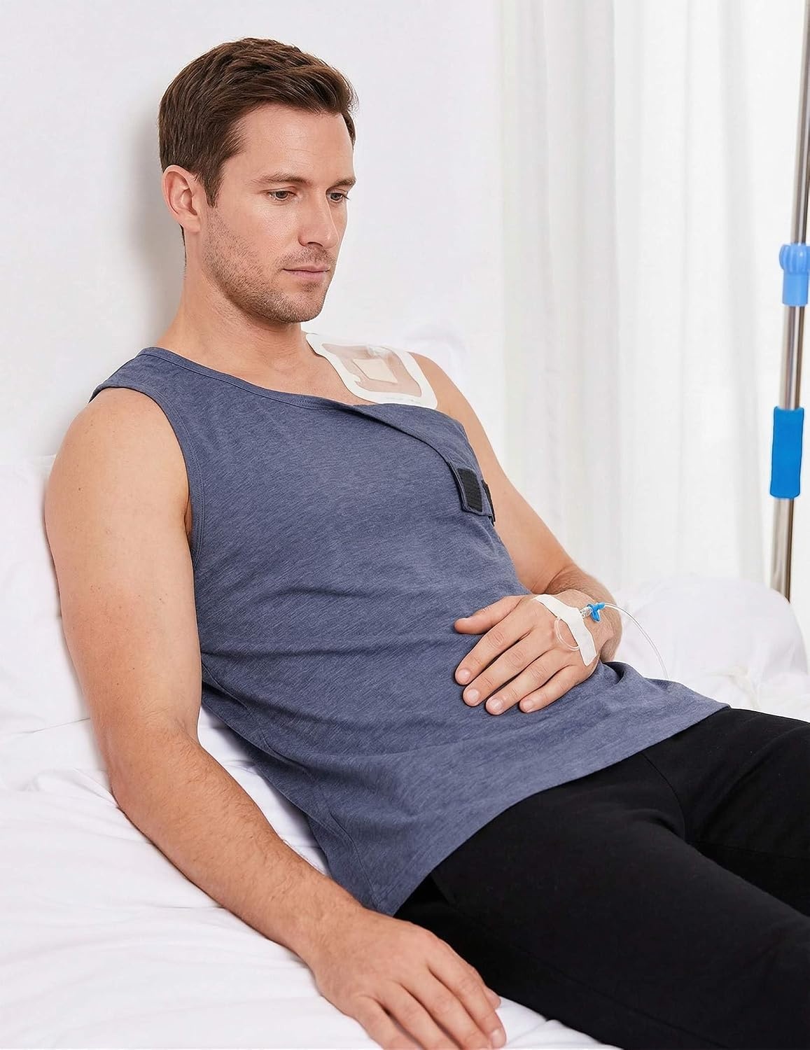 image:imageDeyeek Post Shoulder Surgery Shirts for Men Tear Away Rotator Cuff Recovery Tank Tops Chemo Port Cancer Shirt Magic TapesNavy Blue