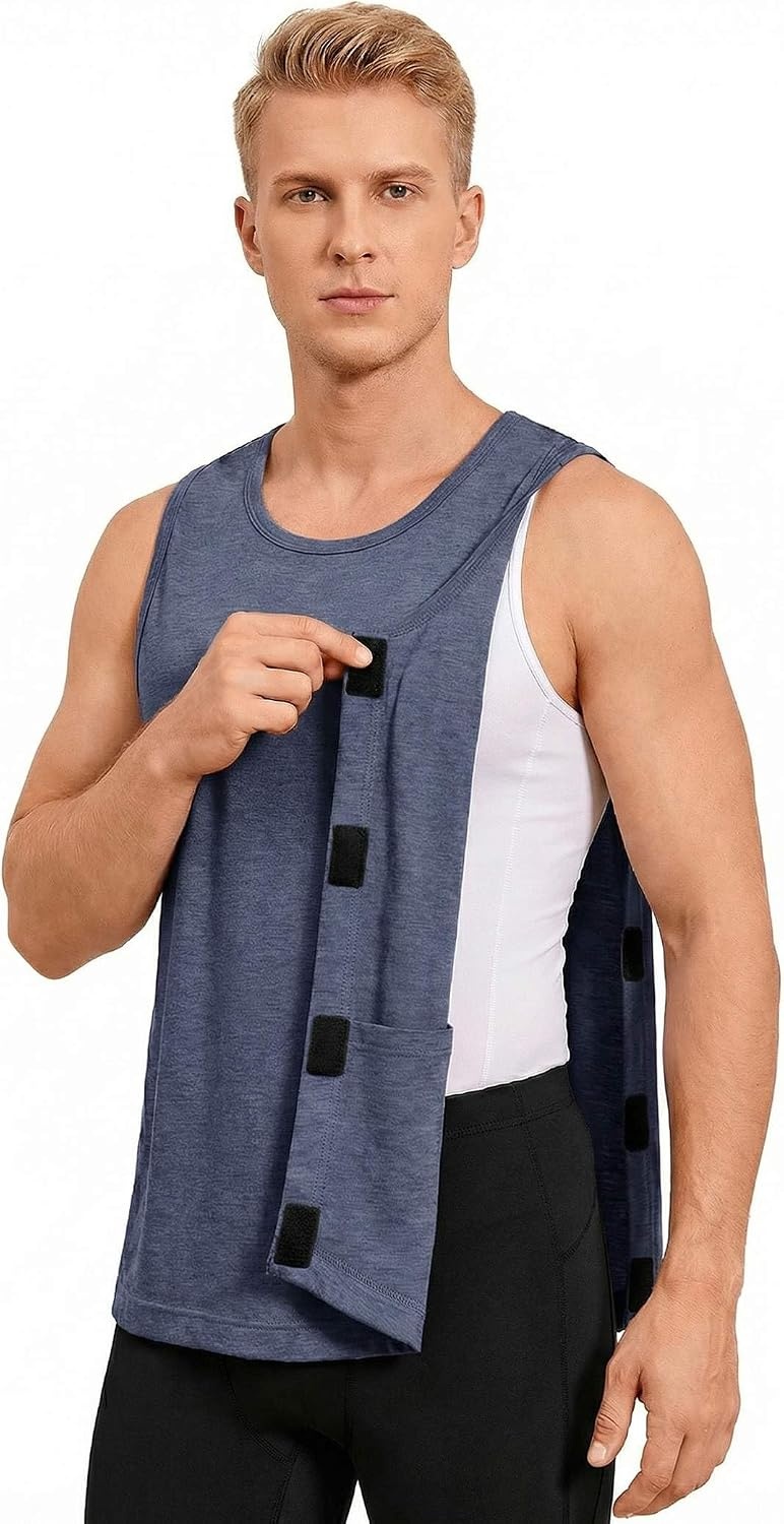 image:imageDeyeek Post Shoulder Surgery Shirts for Men Tear Away Rotator Cuff Recovery Tank Tops Chemo Port Cancer Shirt Magic TapesNavy Blue