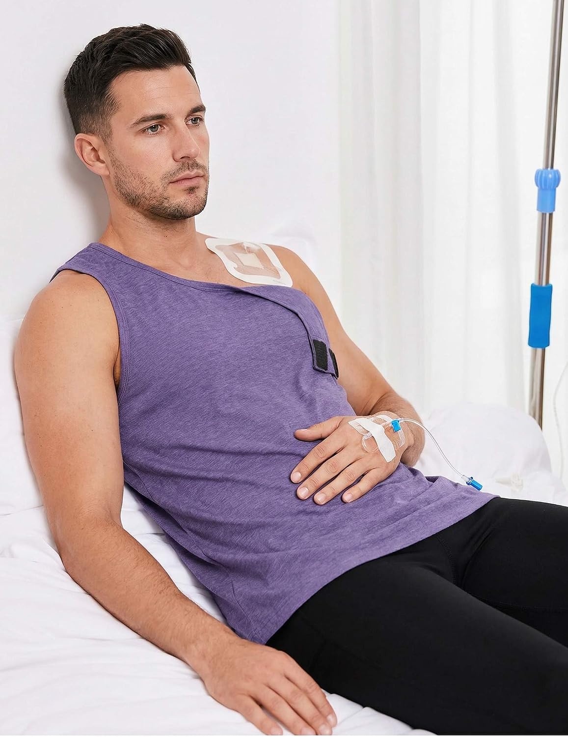 image:imageDeyeek Post Shoulder Surgery Shirts for Men Tear Away Rotator Cuff Recovery Tank Tops Chemo Port Cancer Shirt Magic TapesPurple
