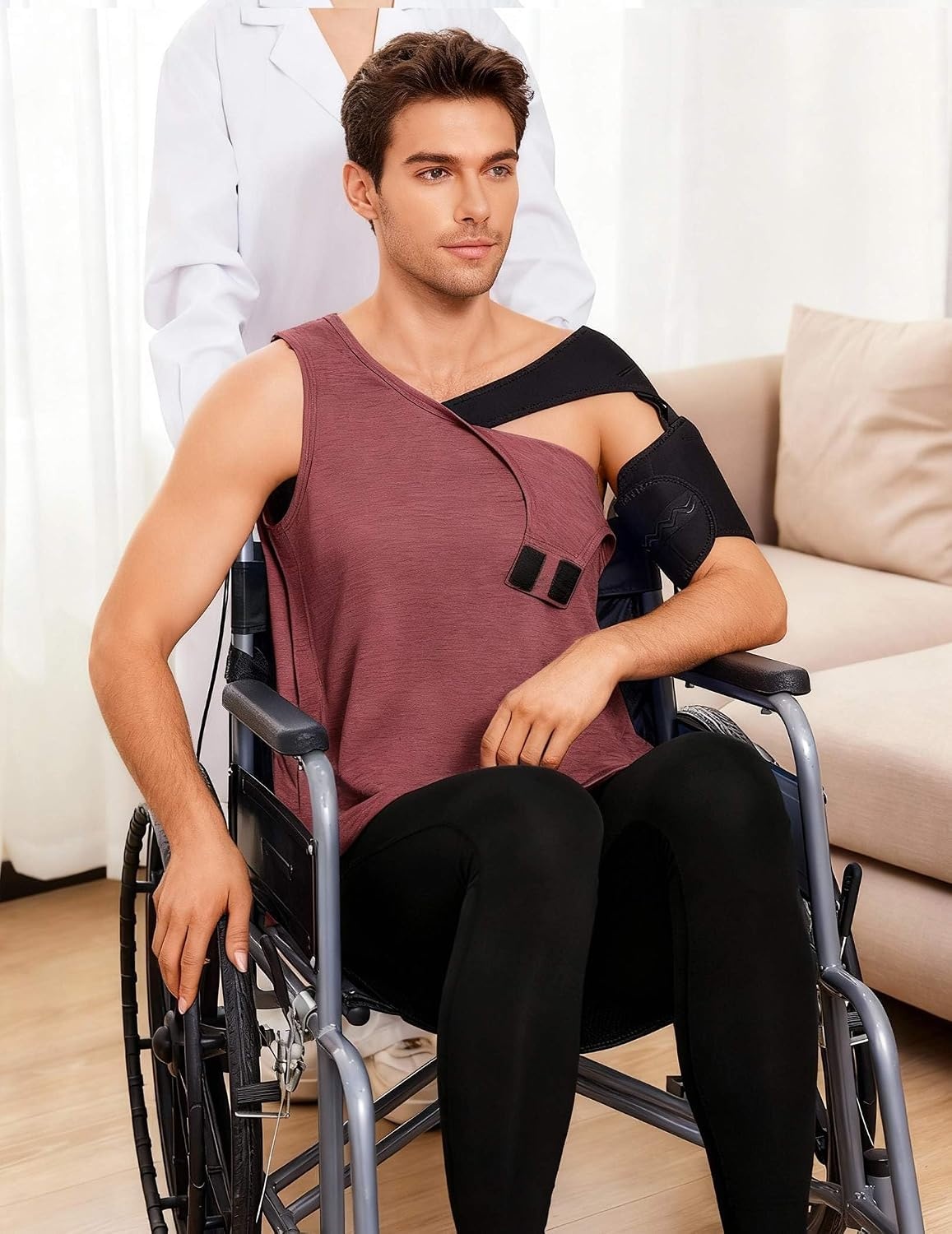 image:imageDeyeek Post Shoulder Surgery Shirts for Men Tear Away Rotator Cuff Recovery Tank Tops Chemo Port Cancer Shirt Magic TapesWine Red