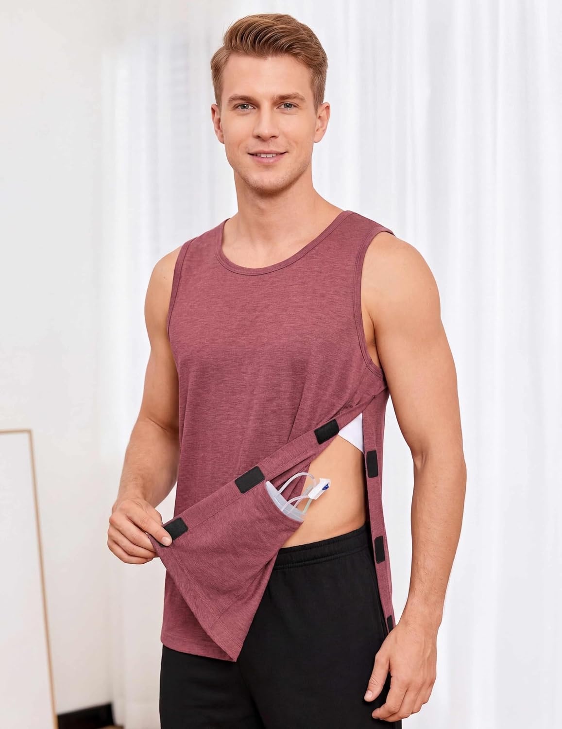 image:imageDeyeek Post Shoulder Surgery Shirts for Men Tear Away Rotator Cuff Recovery Tank Tops Chemo Port Cancer Shirt Magic TapesWine Red
