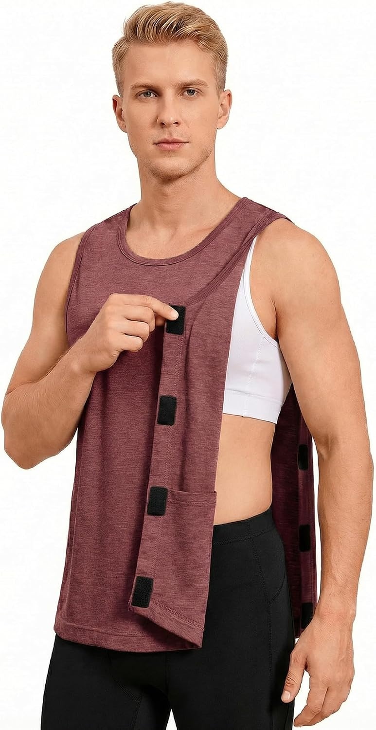 image:imageDeyeek Post Shoulder Surgery Shirts for Men Tear Away Rotator Cuff Recovery Tank Tops Chemo Port Cancer Shirt Magic TapesWine Red