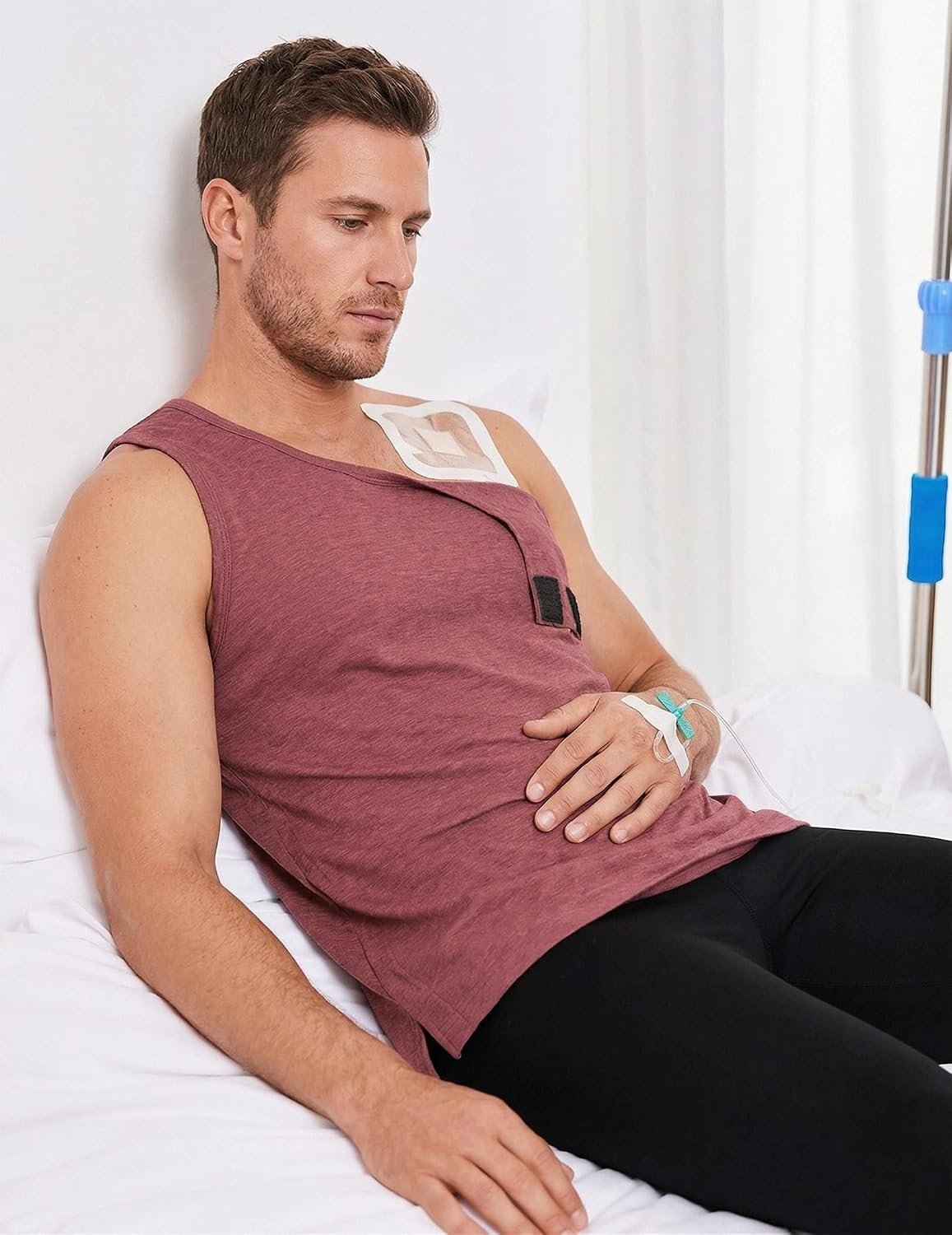 image:imageDeyeek Post Shoulder Surgery Shirts for Men Tear Away Rotator Cuff Recovery Tank Tops Chemo Port Cancer Shirt Magic TapesWine Red