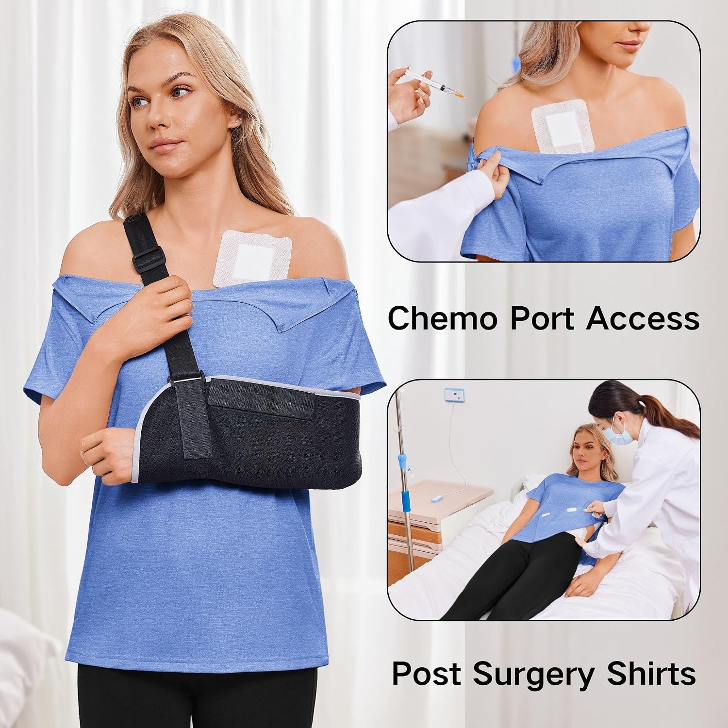 image:imageDeyeek Post Shoulder Surgery Shirts for Women 12 Zippers Tear Away Sleeve Chemo Port Adaptive ClothingBlue