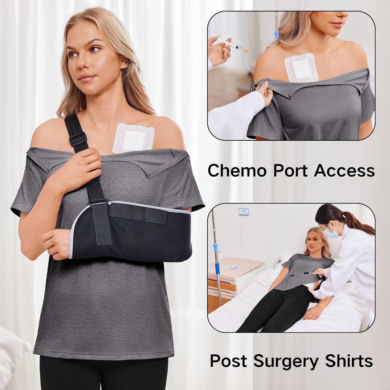 image:imageDeyeek Post Shoulder Surgery Shirts for Women 12 Zippers Tear Away Sleeve Chemo Port Adaptive ClothingDark Gray