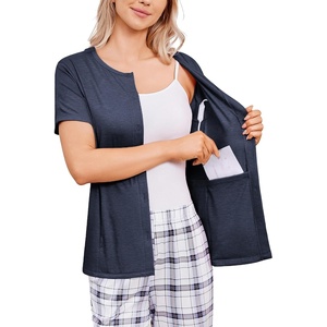 Deyeek Mastectomy Shirts with Drain Pockets Tear Away Side Shoulder Surgery Tops for Women Chemo Shirts for Port Access(Midnight Blue)