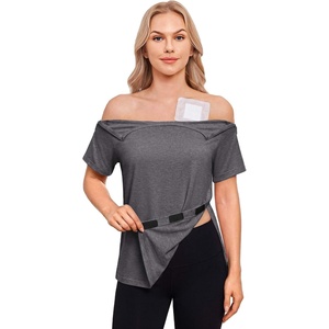 Deyeek Post Shoulder Surgery Shirts for Women 1/2 Zippers Tear Away Sleeve Chemo Port Adaptive Clothing(Dark Gray)
