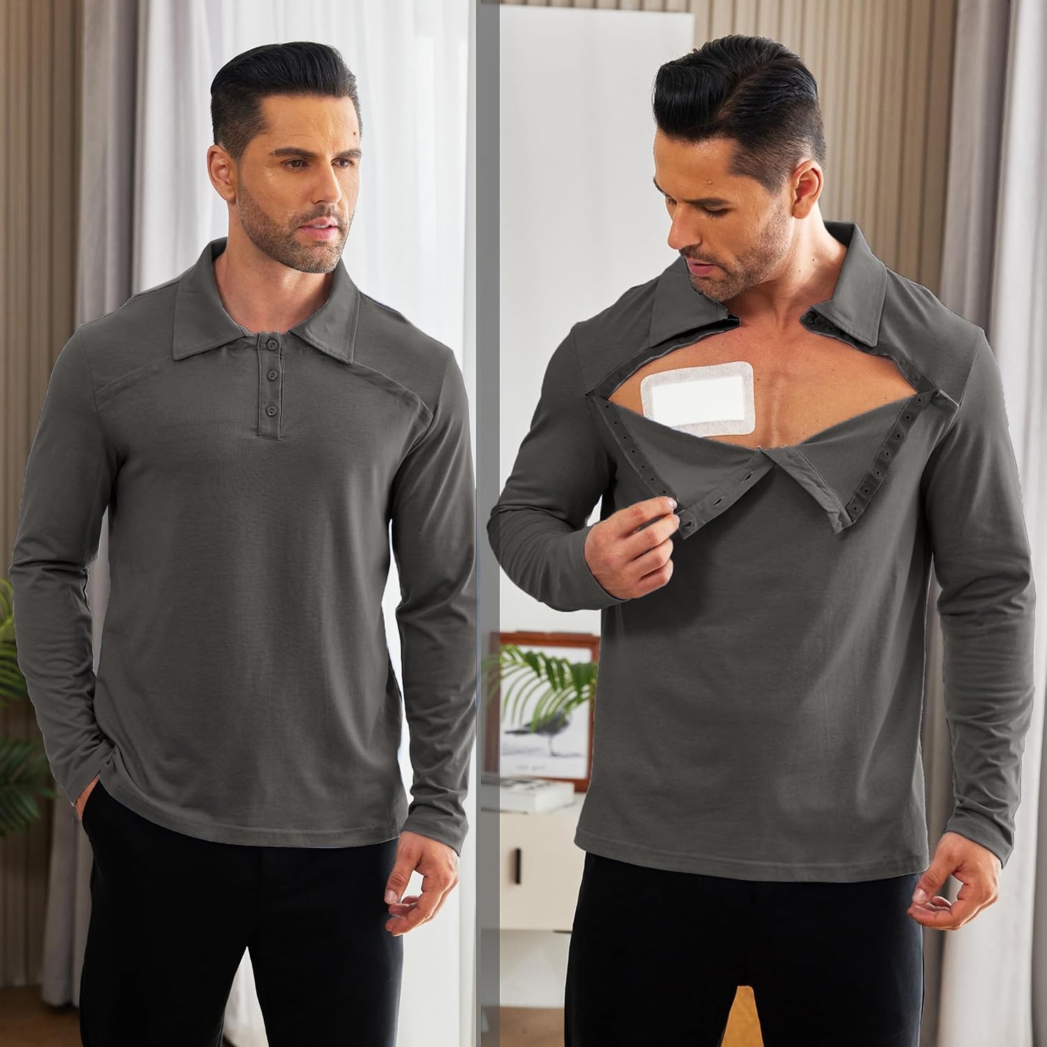 image:imageDeyeek Unisex Chemo Shirts for Port Access Post Shoulder Surgery Shirt Long Sleeve Tear Away ShirtsDeep Gray