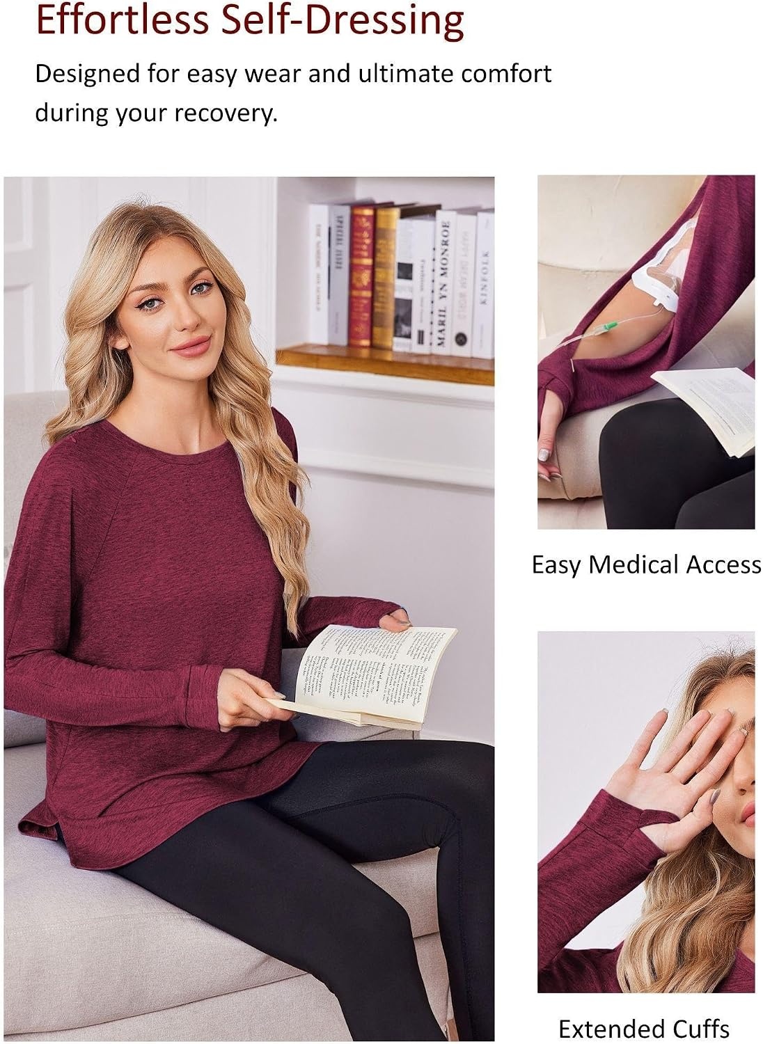 image:imageDeyeek Chemo Shirts for Port Access Women Dialysis Shirts with Arm Zipper Post Shoulder Surgery Shirts Long Sleeve TopsRed