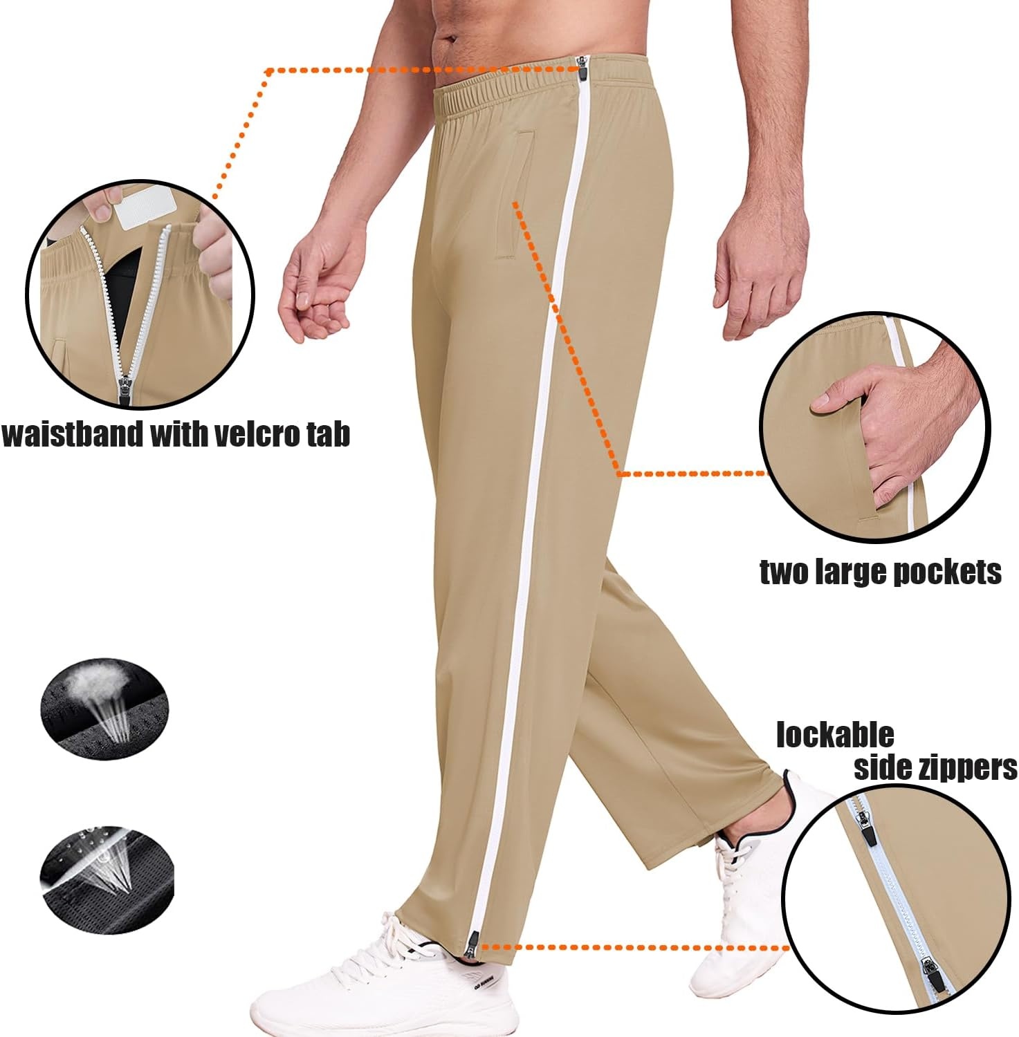 image:imageDeyeek Mens Tear Away Basketball Pants 2 Side Zippers Snap Off Full Open Down Sweatpants Leg Post Surgery Pant with PocketsKhaki