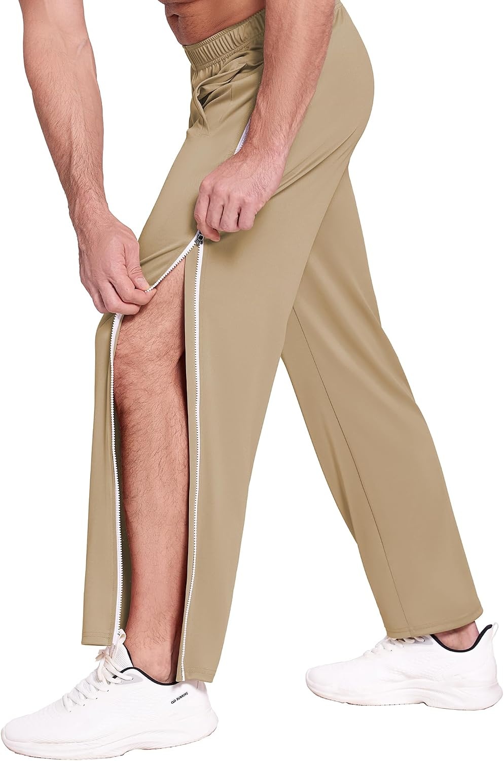 image:imageDeyeek Mens Tear Away Basketball Pants 2 Side Zippers Snap Off Full Open Down Sweatpants Leg Post Surgery Pant with PocketsKhaki