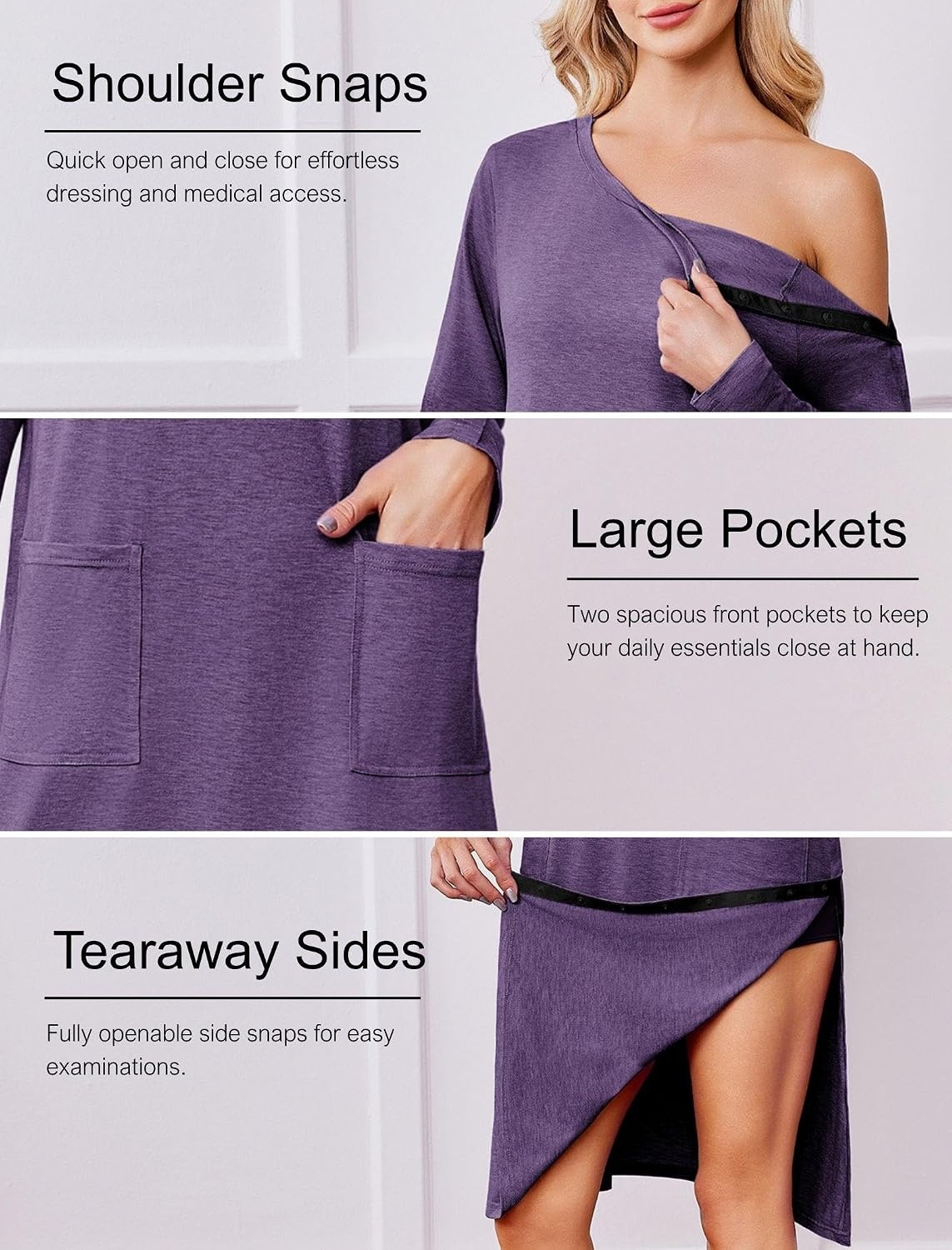 image:imageDeyeek Post Shoulder Surgery Hospital Gowns for Women Tear Away Dress Side Full Snap Long Sleeve Gowns Adaptive NightgownsBright Purple