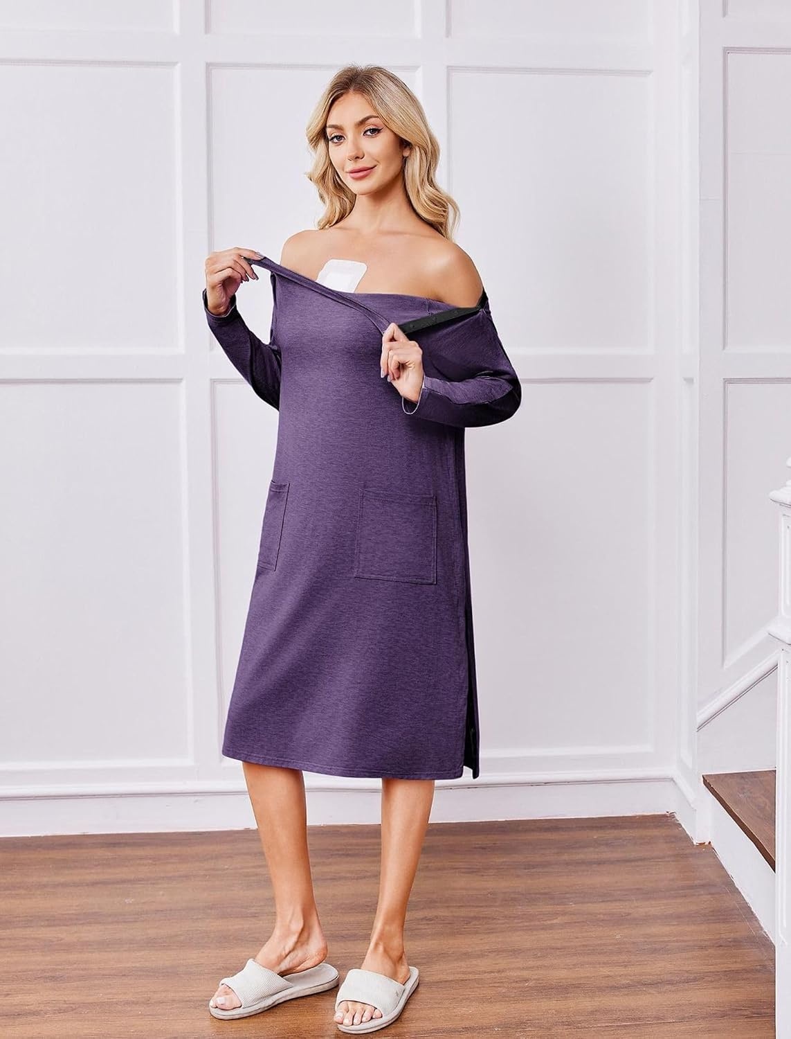 image:imageDeyeek Post Shoulder Surgery Hospital Gowns for Women Tear Away Dress Side Full Snap Long Sleeve Gowns Adaptive NightgownsBright Purple