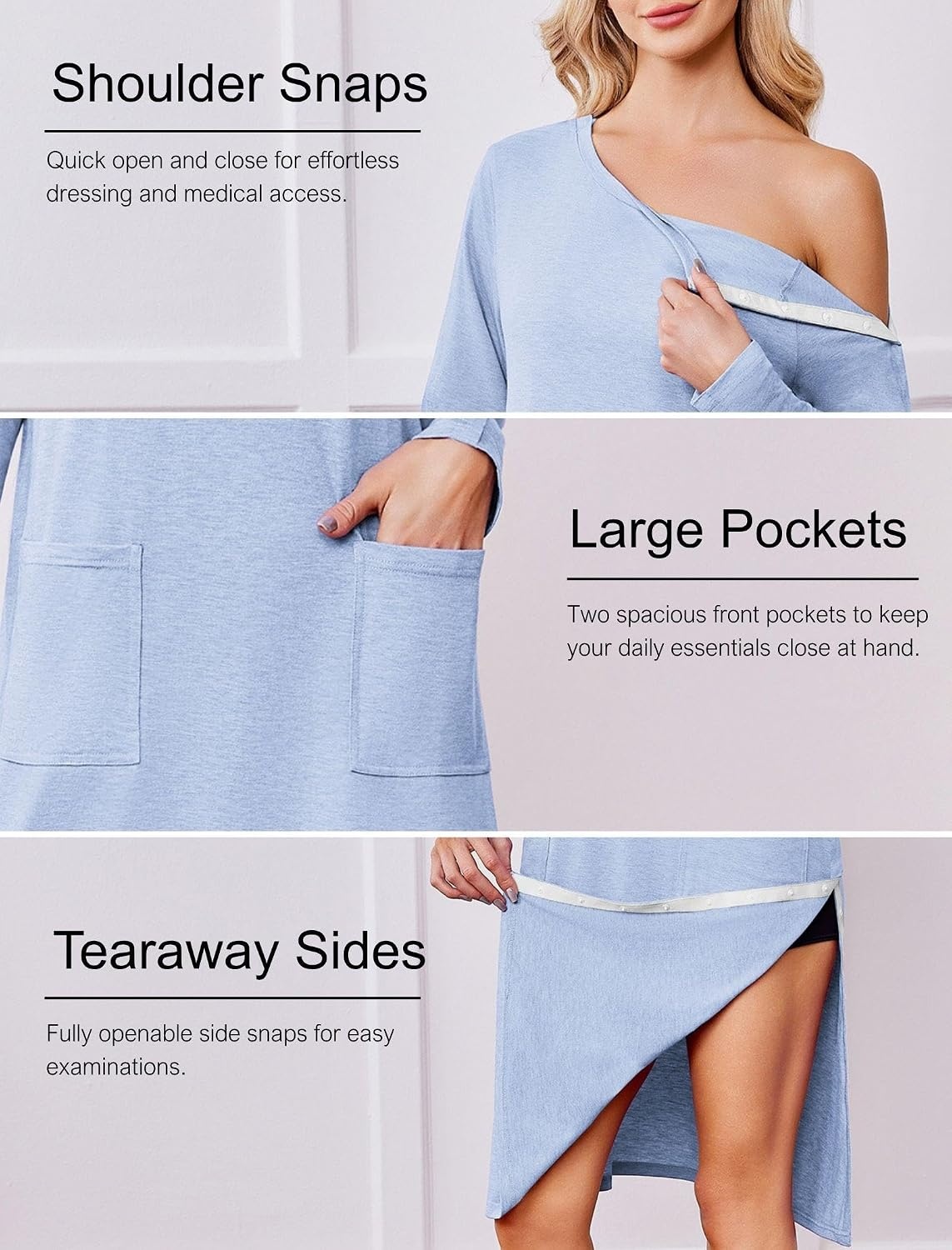 image:imageDeyeek Post Shoulder Surgery Hospital Gowns for Women Tear Away Dress Side Full Snap Long Sleeve Gowns Adaptive NightgownsClear Blue