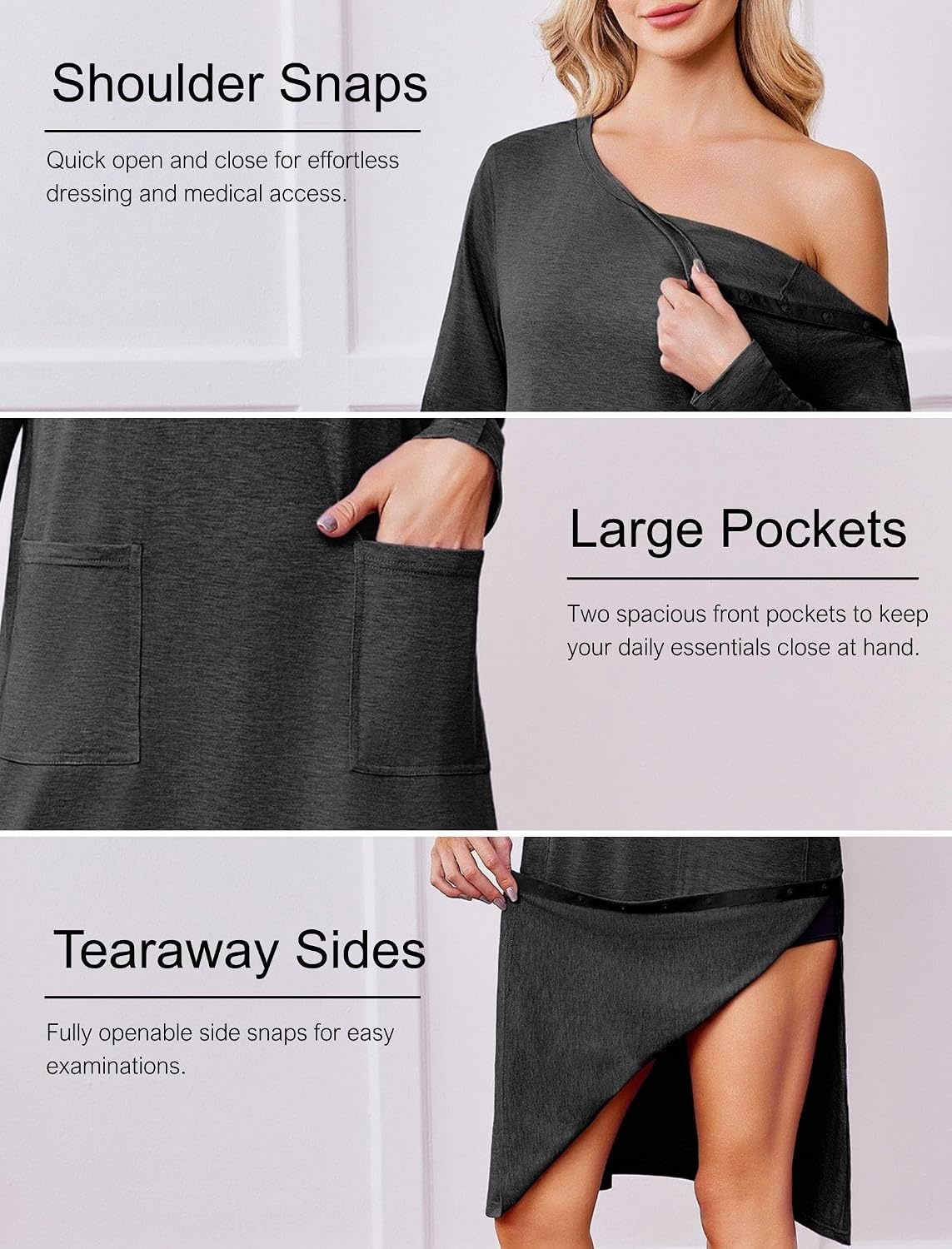 image:imageDeyeek Post Shoulder Surgery Hospital Gowns for Women Tear Away Dress Side Full Snap Long Sleeve Gowns Adaptive NightgownsDark Heather Grey