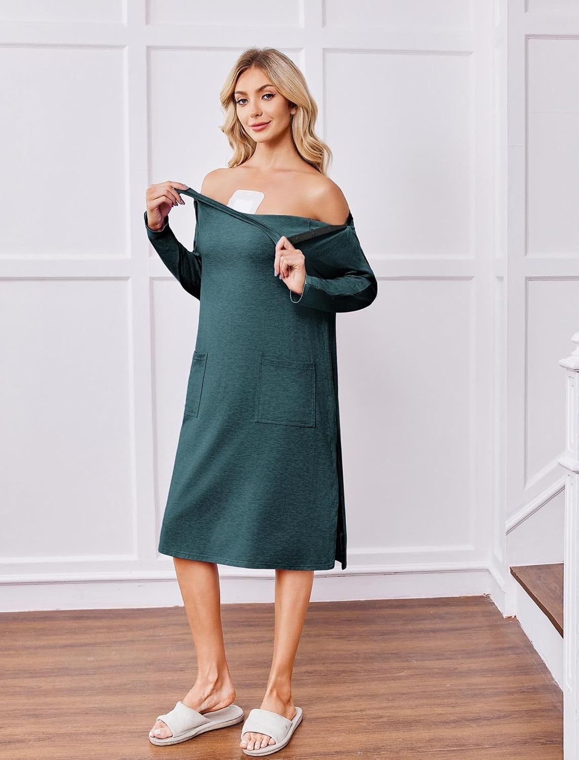 image:imageDeyeek Post Shoulder Surgery Hospital Gowns for Women Tear Away Dress Side Full Snap Long Sleeve Gowns Adaptive NightgownsLagoon Green