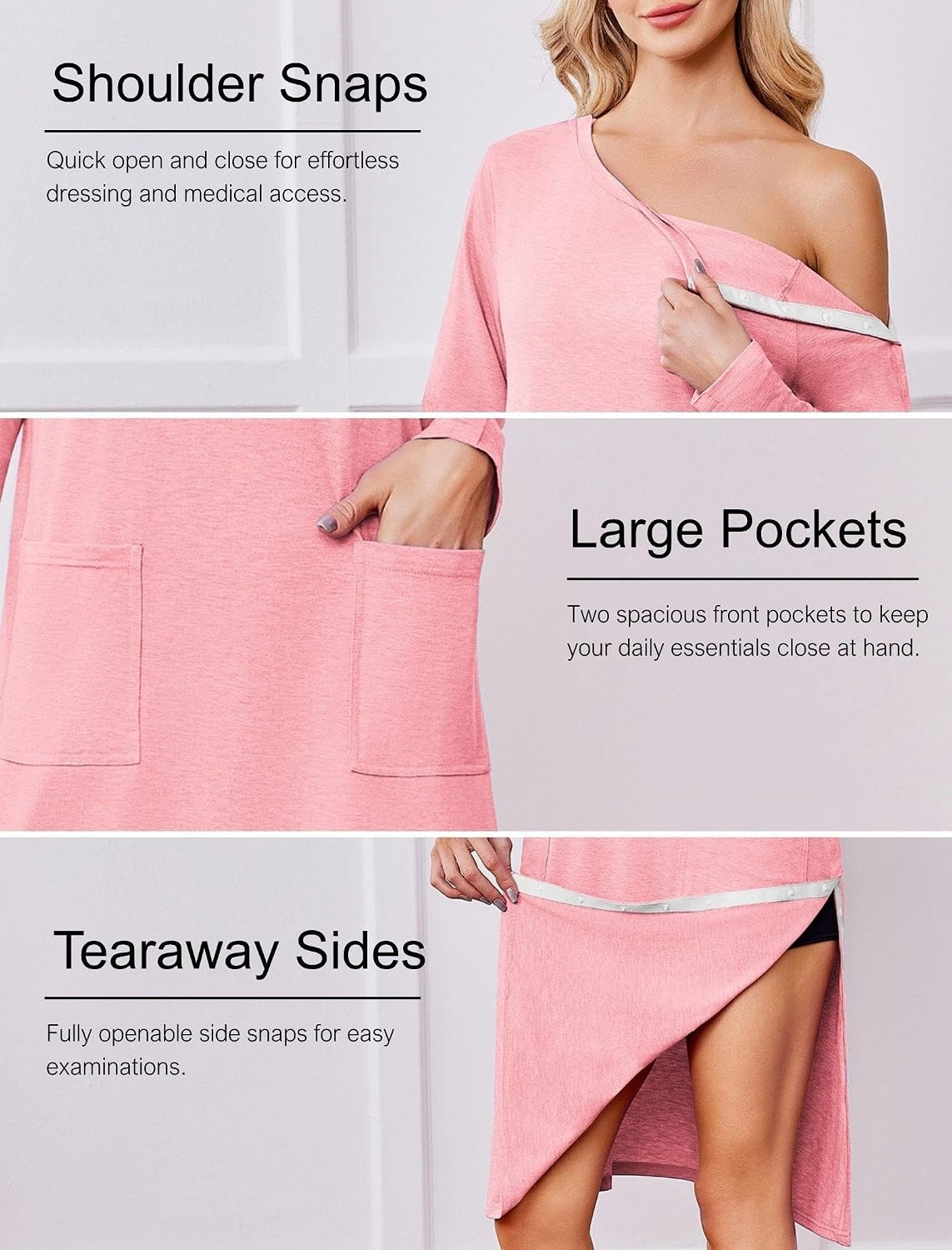 image:imageDeyeek Post Shoulder Surgery Hospital Gowns for Women Tear Away Dress Side Full Snap Long Sleeve Gowns Adaptive NightgownsMirage Pink