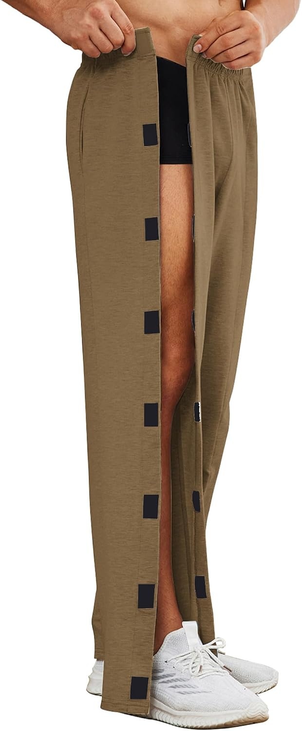 image:imageDeyeek Mens Tear Away Pants 2 Side Full Open Bottom Sweatpants Loose Fit Casual Adaptive Post Surgery Pants with PocketsBrown