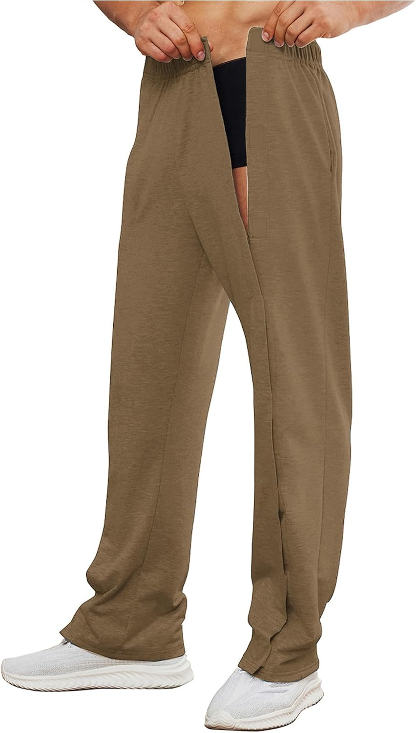image:imageDeyeek Mens Tear Away Pants 2 Side Full Open Bottom Sweatpants Loose Fit Casual Adaptive Post Surgery Pants with PocketsBrown