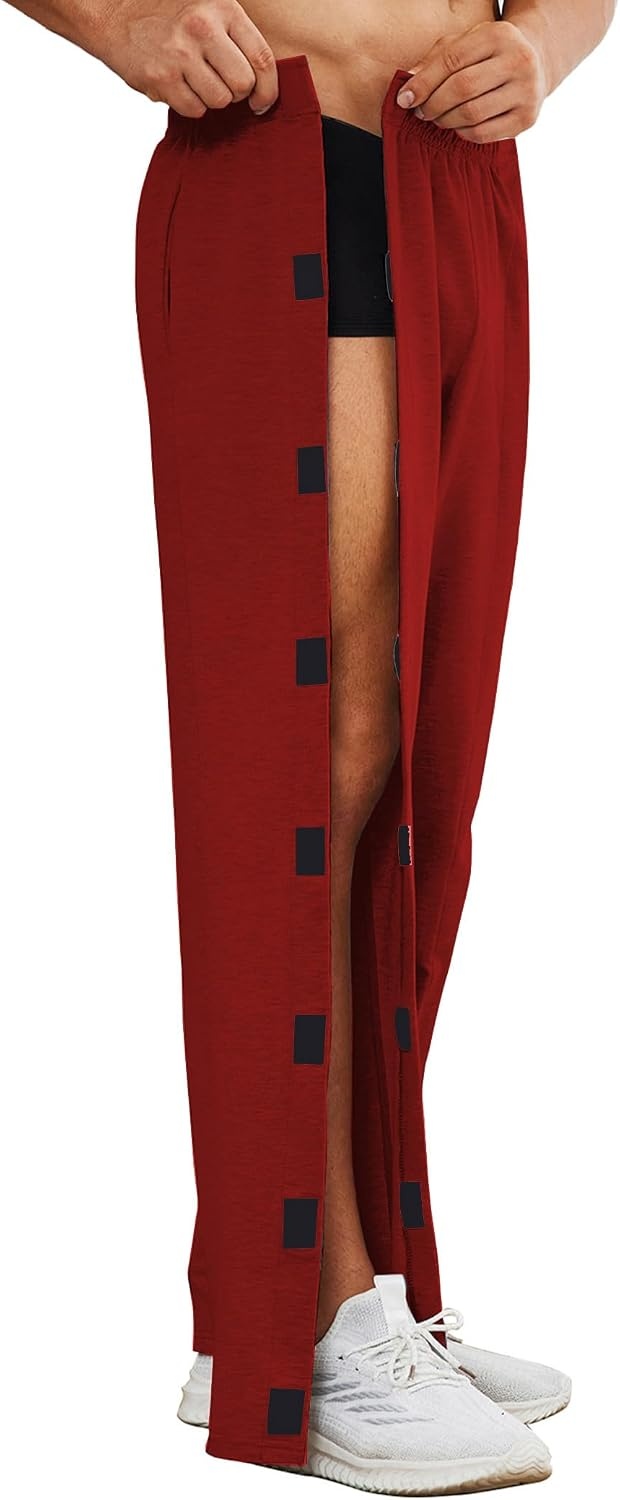 image:imageDeyeek Mens Tear Away Pants 2 Side Full Open Bottom Sweatpants Loose Fit Casual Adaptive Post Surgery Pants with PocketsDeep Red