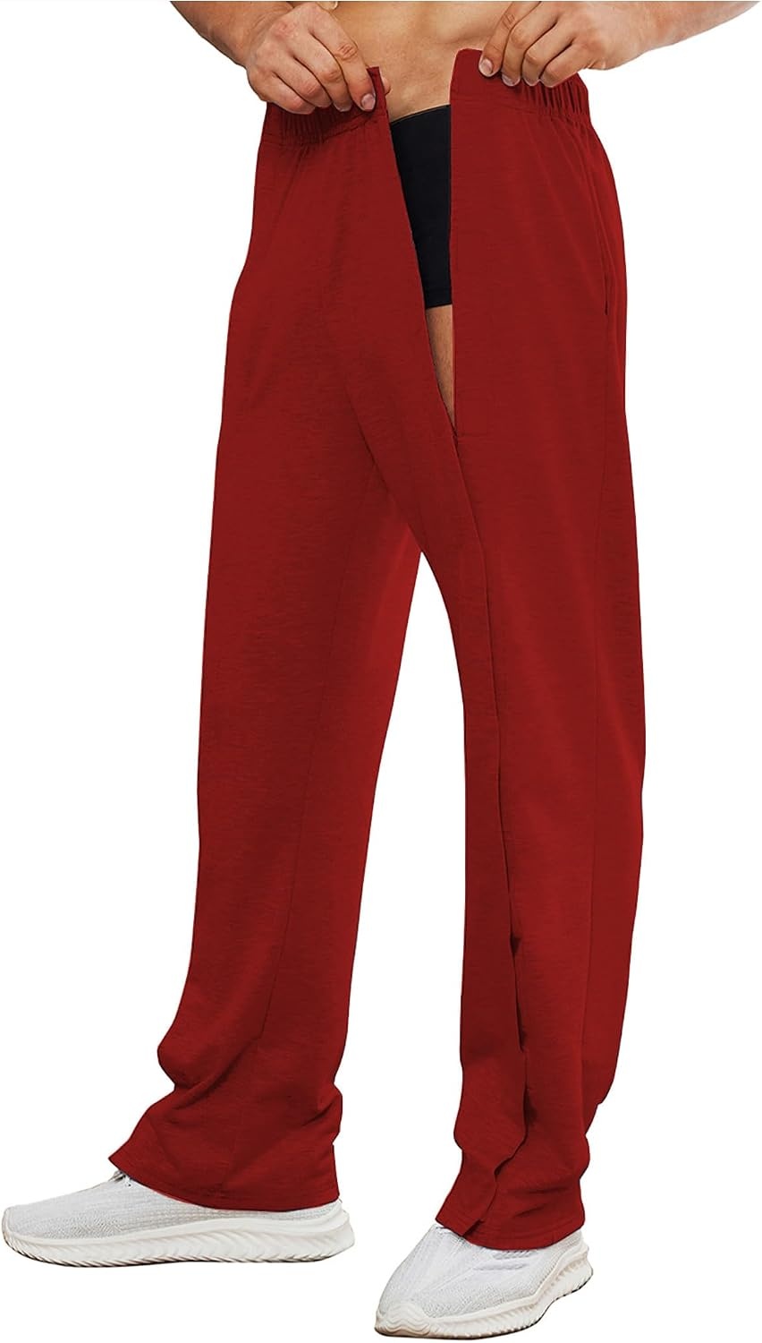 image:imageDeyeek Mens Tear Away Pants 2 Side Full Open Bottom Sweatpants Loose Fit Casual Adaptive Post Surgery Pants with PocketsDeep Red