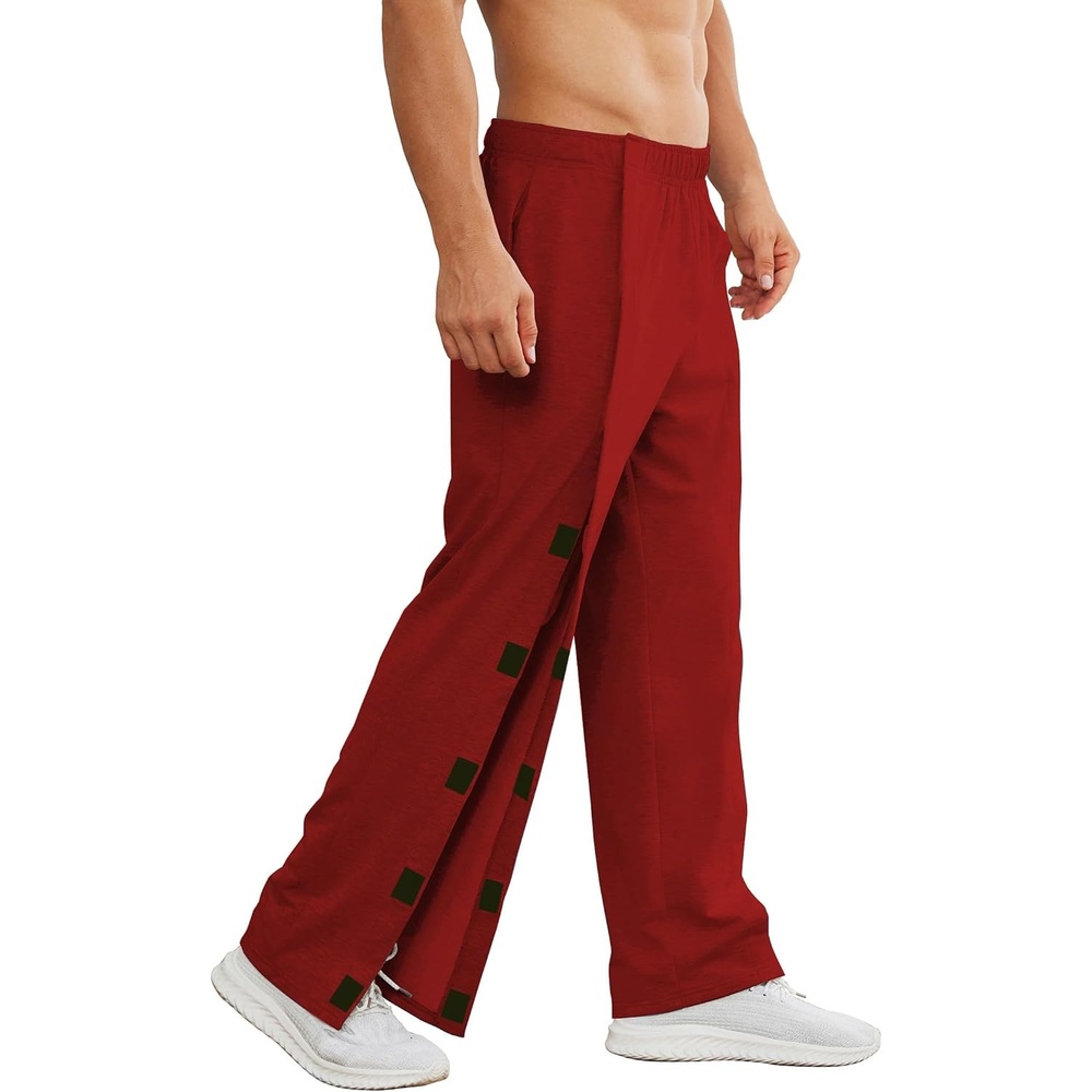 image:imageDeyeek Mens Tear Away Pants 2 Side Full Open Bottom Sweatpants Loose Fit Casual Adaptive Post Surgery Pants with PocketsDeep Red
