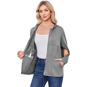 Deyeek Womens Mastectomy Shirts with Drain Pockets Long Sleeve Post Surgery Hoodie Dialysis Sweatshirts with Arm Zipper(Light Grey)