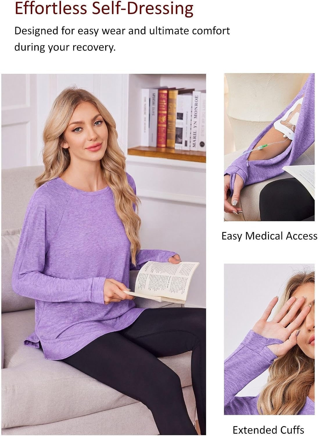 image:imageDeyeek Chemo Dialysis Shirts Women Port Access Arm Zipper Long Sleeve Tops Dialysis shirts for women Soft breathable long sleeve fabric Arm zipper port access Chemo hospital clinic home recoveryPurple