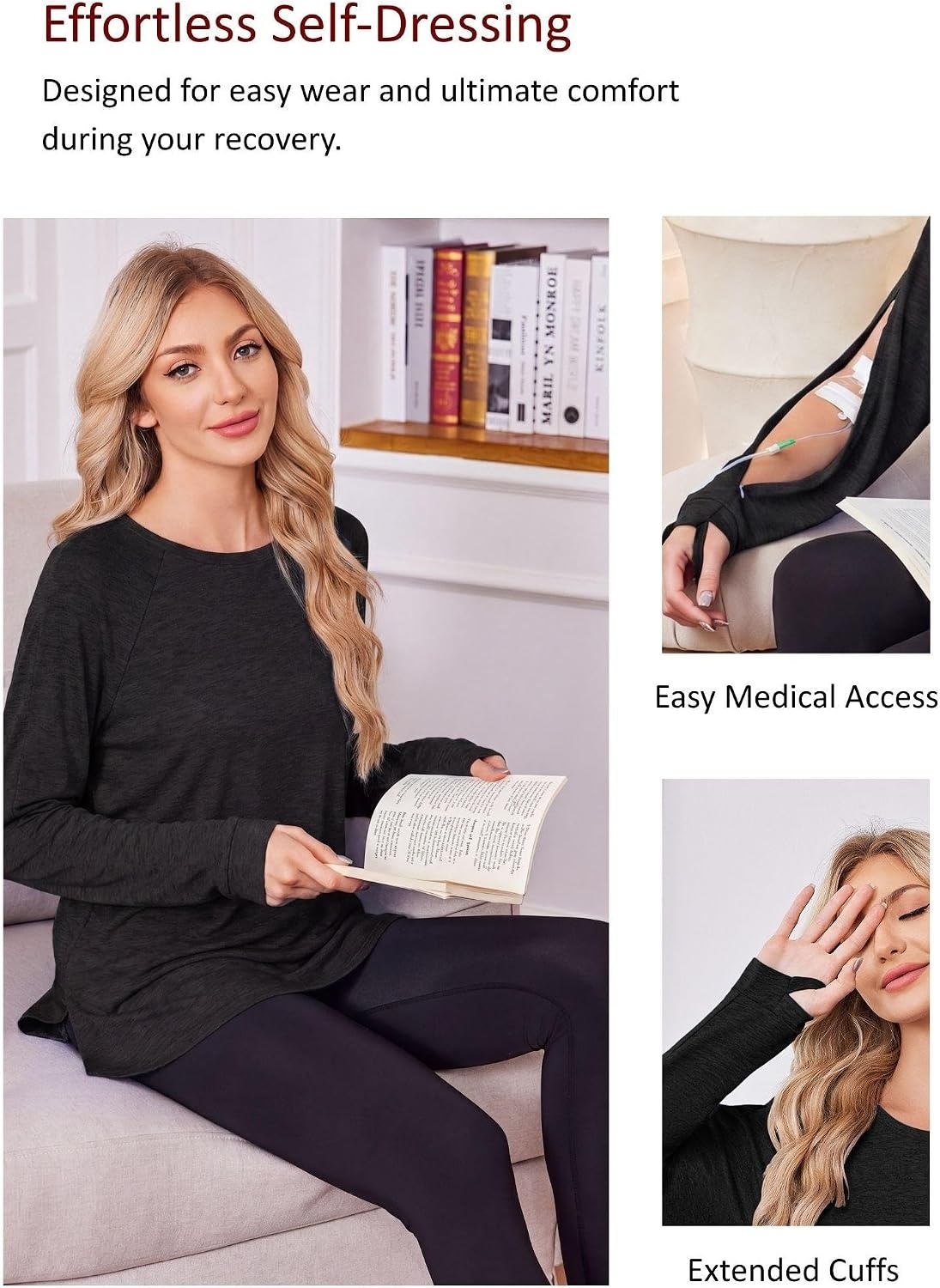 image:imageDeyeek Chemo Dialysis Shirts Women Port Access Arm Zipper Long Sleeve Tops Dialysis shirts for women Soft breathable long sleeve fabric Arm zipper port access Chemo hospital clinic home recoveryBlack