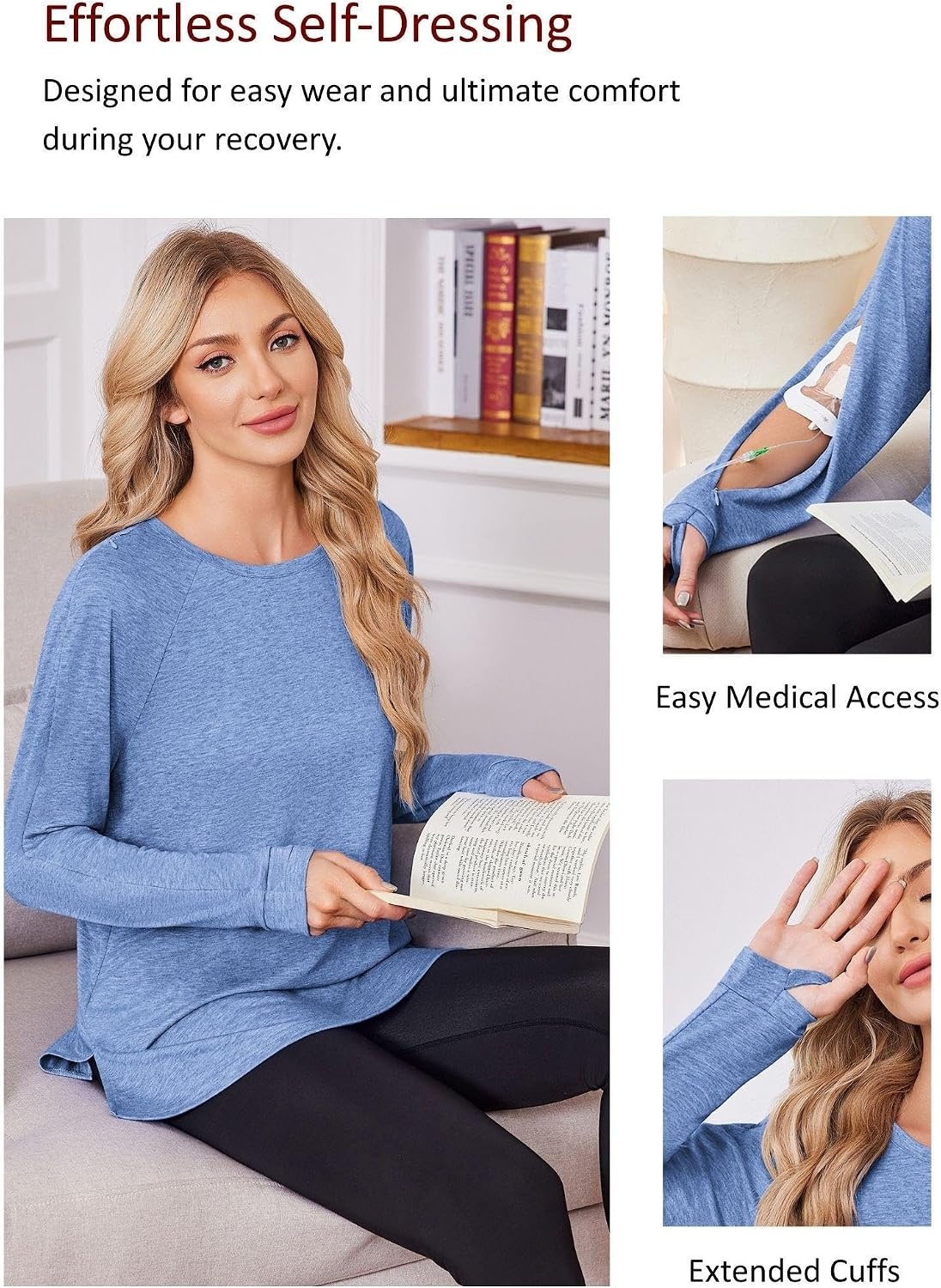 image:imageDeyeek Chemo Dialysis Shirts Women Port Access Arm Zipper Long Sleeve Tops Dialysis shirts for women Soft breathable long sleeve fabric Arm zipper port access Chemo hospital clinic home recoveryBlue