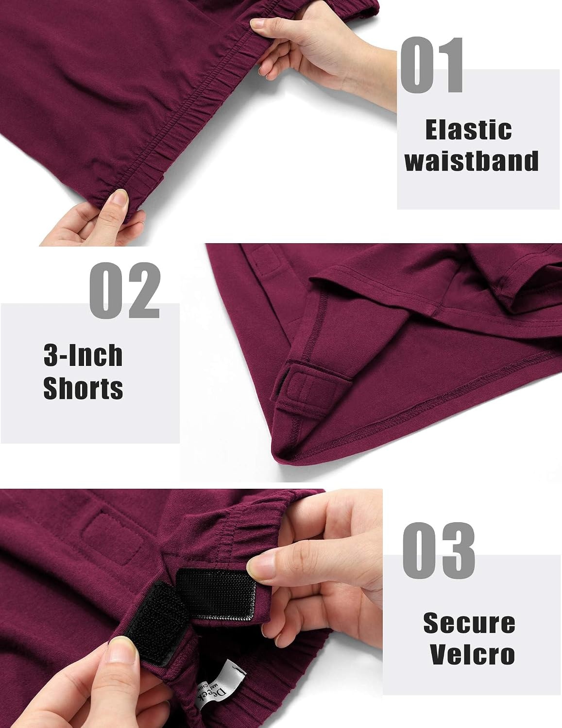 image:imageDeyeek Mens Tear Away Post Surgery Cotton Shorts 3inch Ideal for knee and hip replacement recovery Comfortable 3inch shorts without pockets for easy dressingWine Red