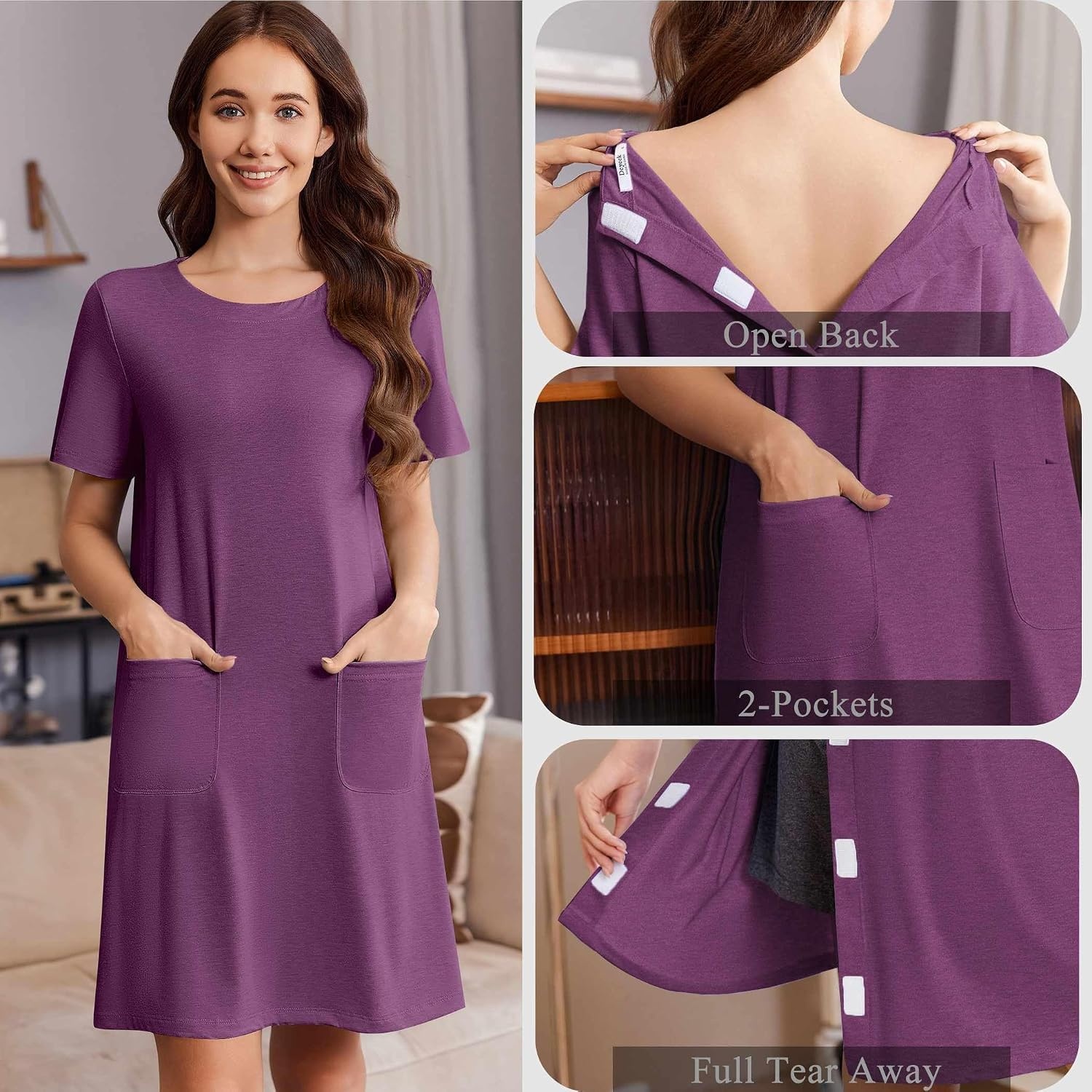 image:imageDeyeek Open Back Hospital Gowns for Women Tear Away Post Surgery Dresses Short Sleeve Soft Nightgown for Elderly Women With PocketEggplant Purple